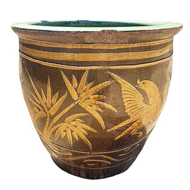 19th Century Large Bird & Bamboo Art Pottery Chinese Egg Pot Jardinière Planter - 9