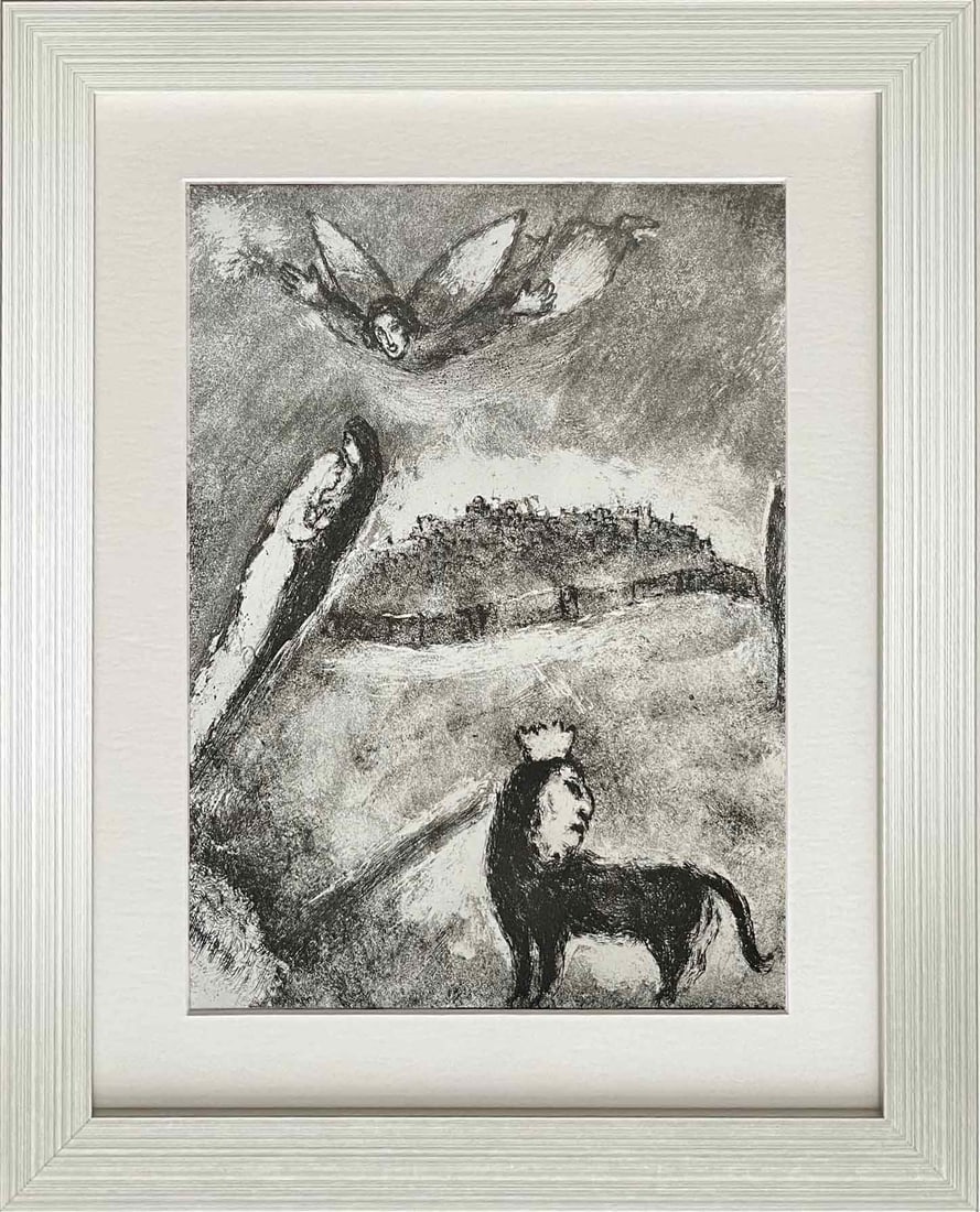 Marc Chagall framed Heliogravure 98 from Bible 1956: Title: Marc Chagall framed Heliogravure 98 from Bible 1956 Artist: Marc Chagall Description: This remarkable heliogravure print by Marc Chagall features iconic biblical scene. From the rare "Bible"