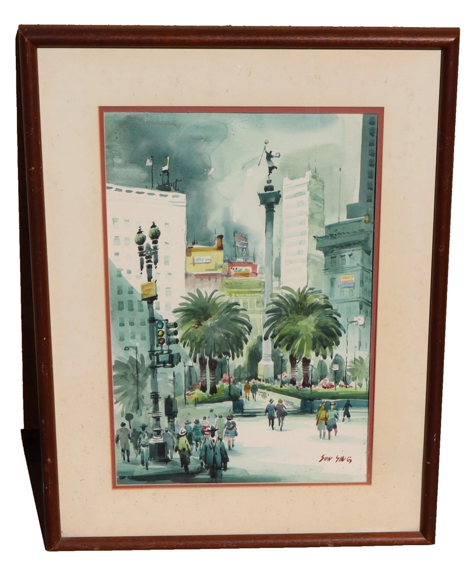 SUN YING Original Watercolor Union Square Scene with Statue The Dewey Monument: Title:SUN YING Original Watercolor Union Square Scene with Statue The Dewey MonumentDescription:SUN YING (1919-2016). Circa 1970s San Francisco watercolor of Union Square Scene featuring the statue
