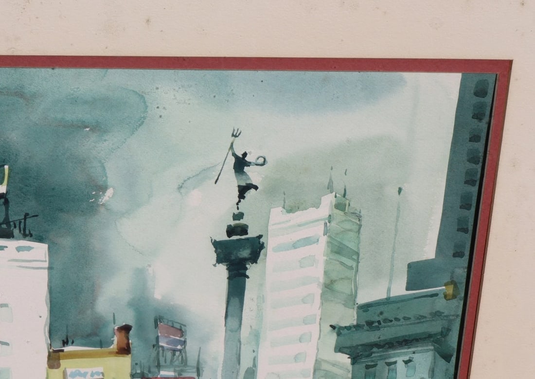 SUN YING Original Watercolor Union Square Scene with Statue The Dewey Monument - 4