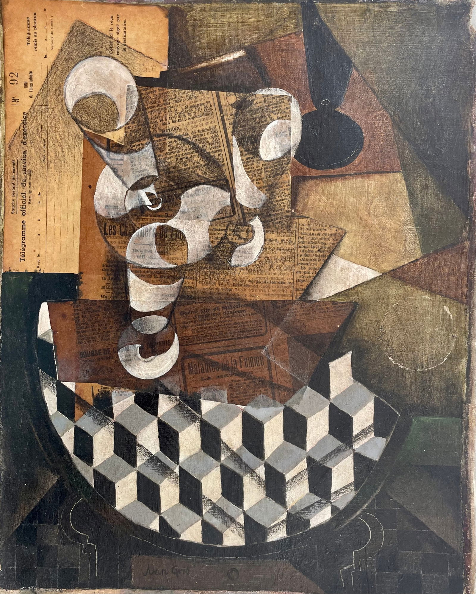 JUAN GRIS (Public Domain): Title:JUAN GRIS (Public Domain) Description:Composition with glasses on chess table. signed Juan Gris. (bottom center) Nice brown & ochre hues over the round B&W table. No docs. Will sell as is. Date/