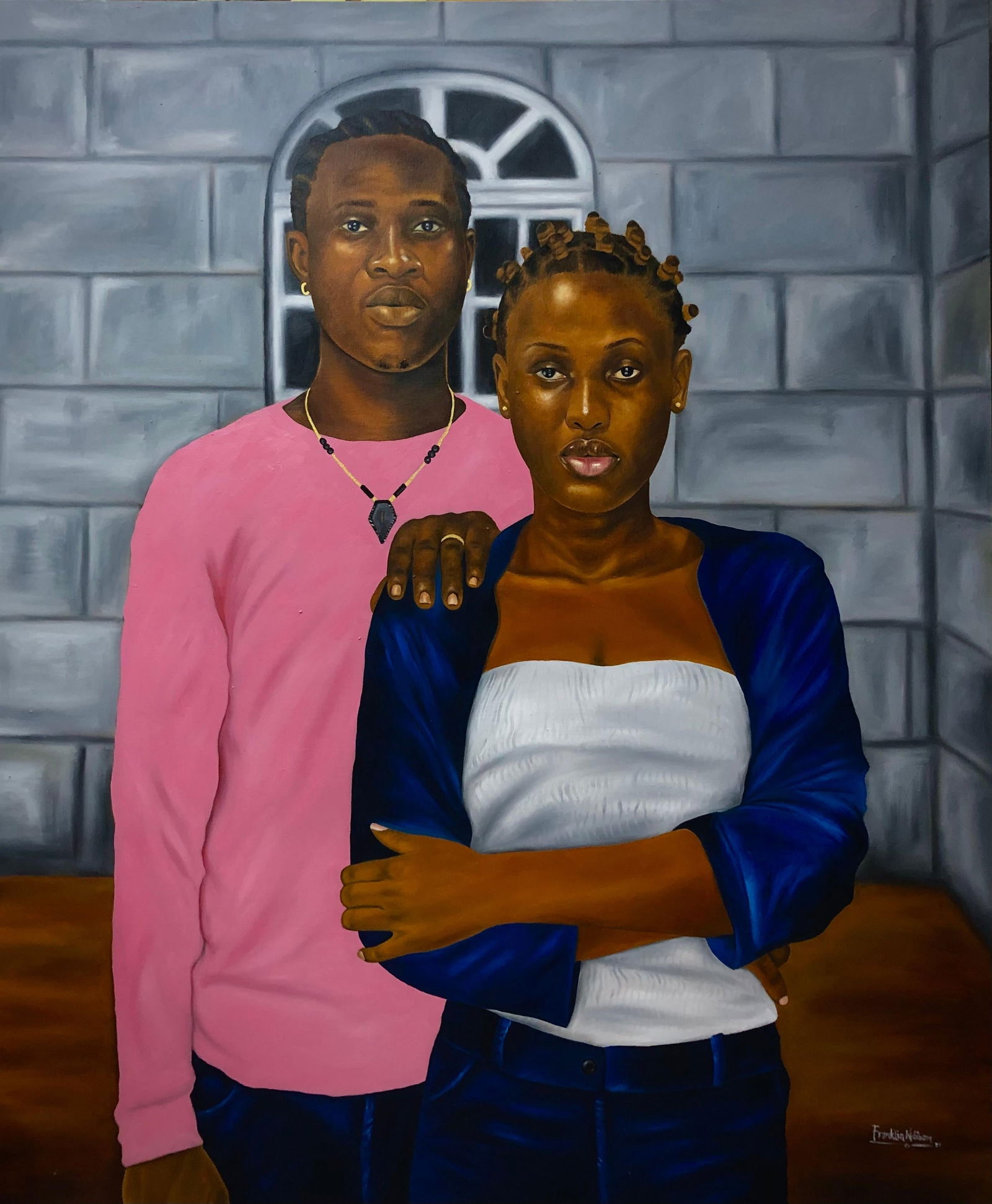 Franklin Ndibam, We Belong Together - 21st Century, Contemporary, Figurative, Couples, Love, 2024: Creator: Franklin Ndibam (1990, Nigerian) Creation Year: 2024 Dimensions: Height: 52 in (132.08 cm)Width: 44 in (111.76 cm)Depth: 1 in (2.54 cm) Medium: Oil,Canvas Movement & Style: Contemporary