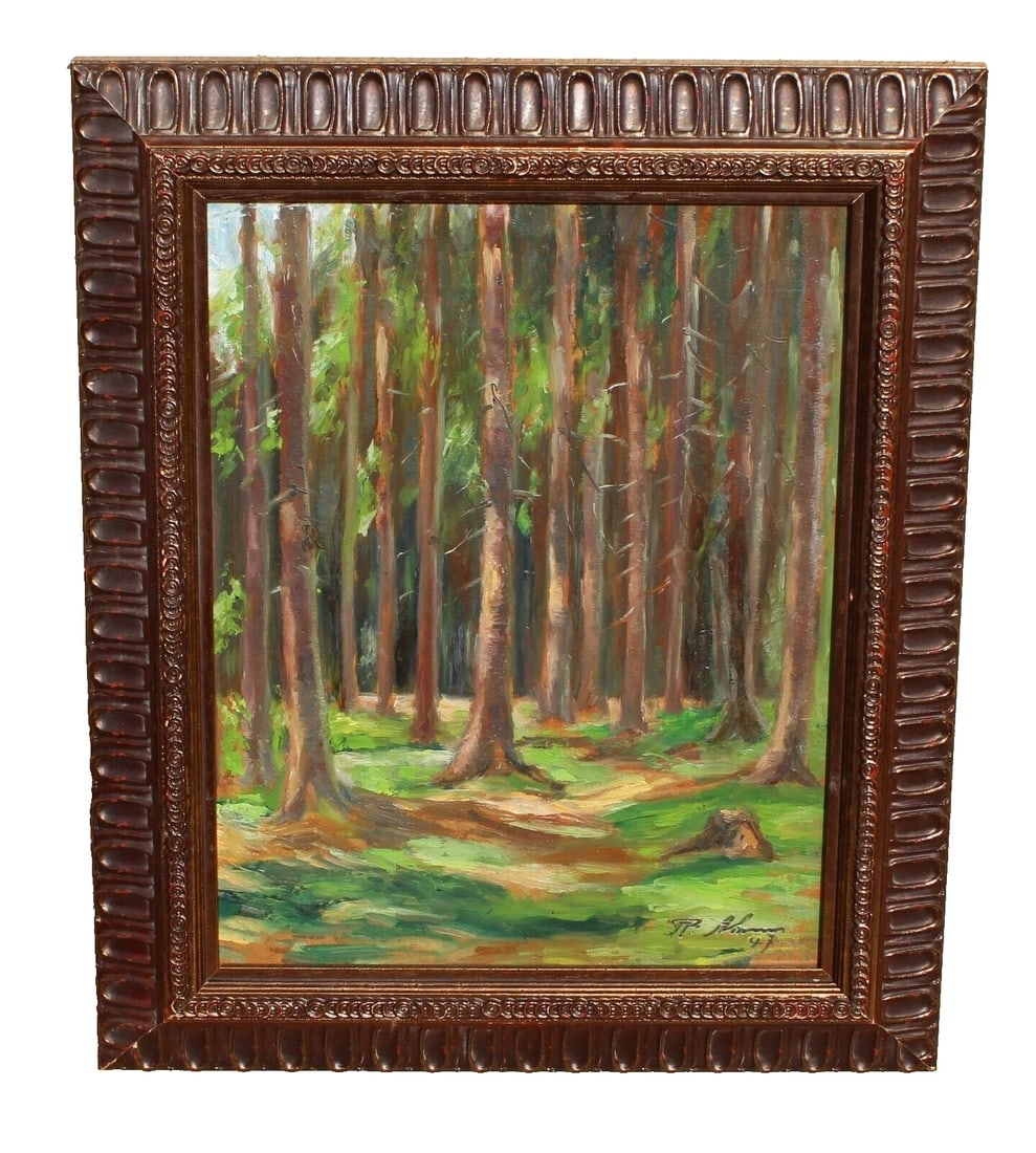 RUDOLF AHRENS (German 1881-1957) Forest Scene 1947 oil painting: Title:RUDOLF AHRENS (German 1881-1957) Forest Scene 1947 oil paintingDescription:Rudolf Ahrens (1881-1957 - German Artist). Ahrens was an art teacher in Kolberg and Berlin. Forest Scene Landscape,