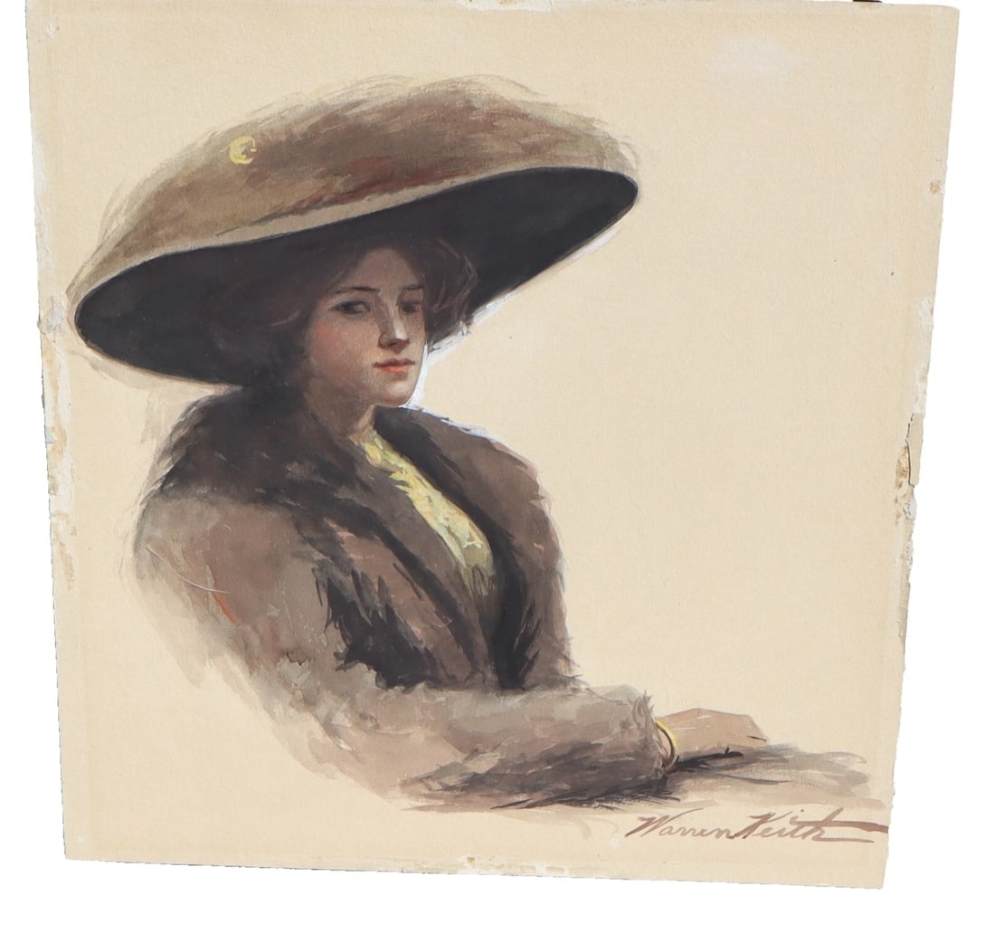 WARREN KEITH Early 20th Century Watercolor Seated Woman in a Hat: Title:WARREN KEITH Early 20th Century Watercolor Seated Woman in a Hat Description:Circa (1910-1920) Seated Woman in a Hat, 13-3/4" x 12" watercolor on cardboard, signed lower right: Warren Keith. Unf