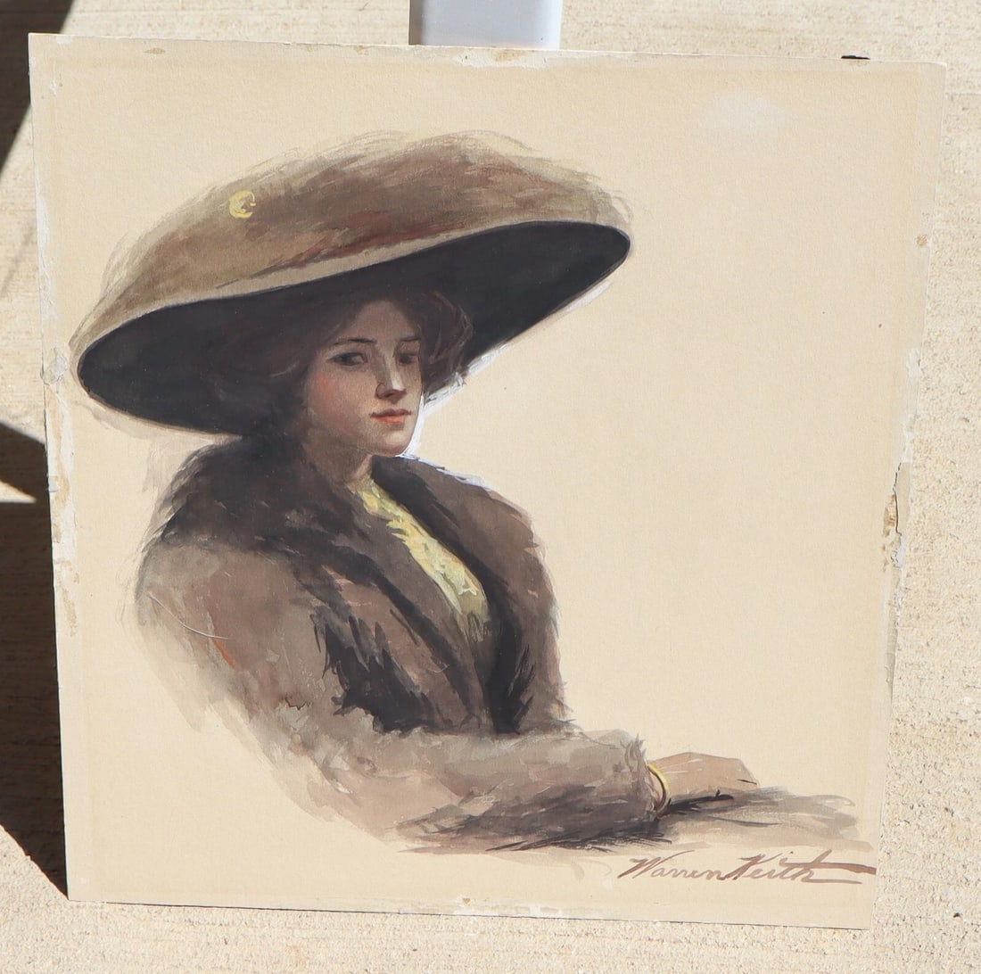 WARREN KEITH Early 20th Century Watercolor Seated Woman in a Hat - 2