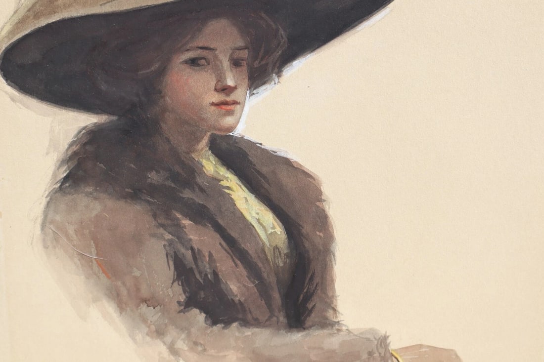 WARREN KEITH Early 20th Century Watercolor Seated Woman in a Hat - 3