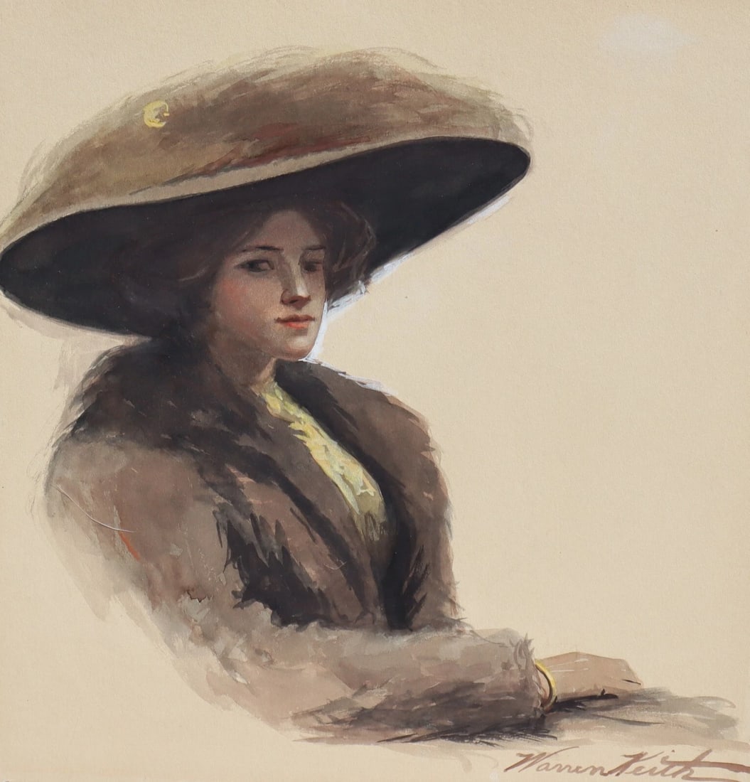 WARREN KEITH Early 20th Century Watercolor Seated Woman in a Hat - 4