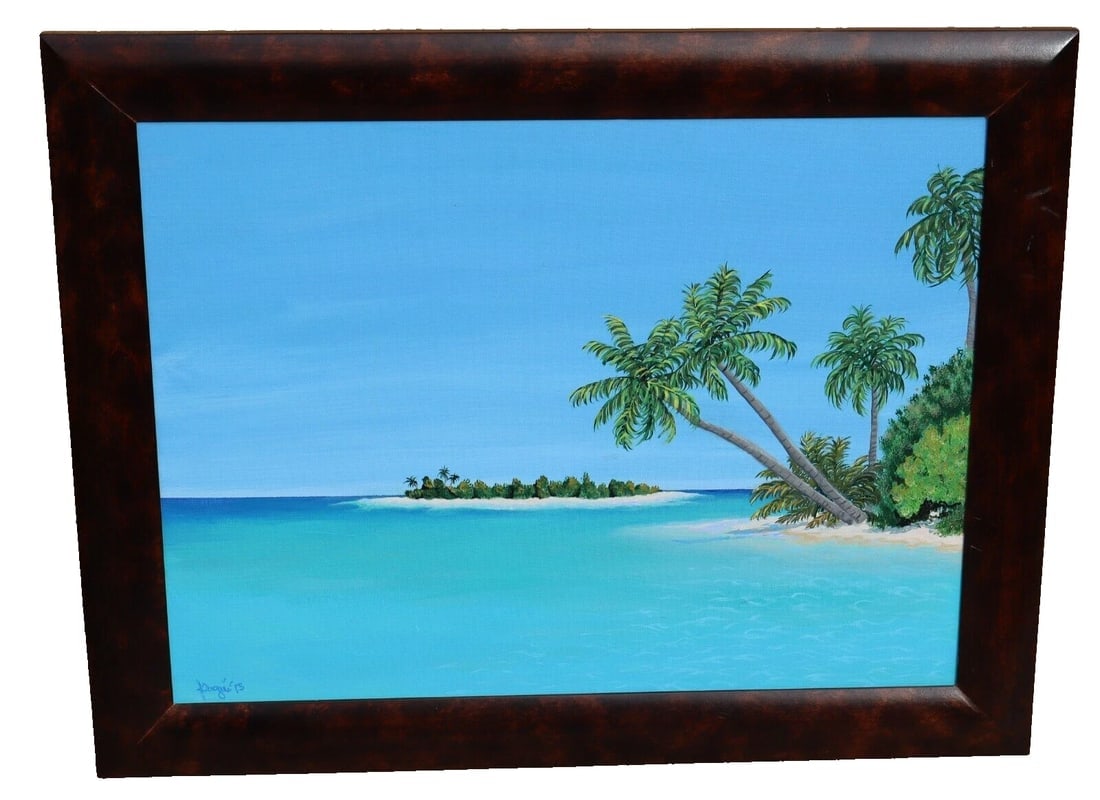 JANINE DUGUE California Artist Serene Tropical Island Palm Trees by Sea acrylic: Title:JANINE DUGUE California Artist Serene Tropical Island Palm Trees by Sea acrylicDescription:JANINE DUGUE. California artist. Tropical Island with Palm Trees by Calm Blue Sea, 18" x 24" acrylic