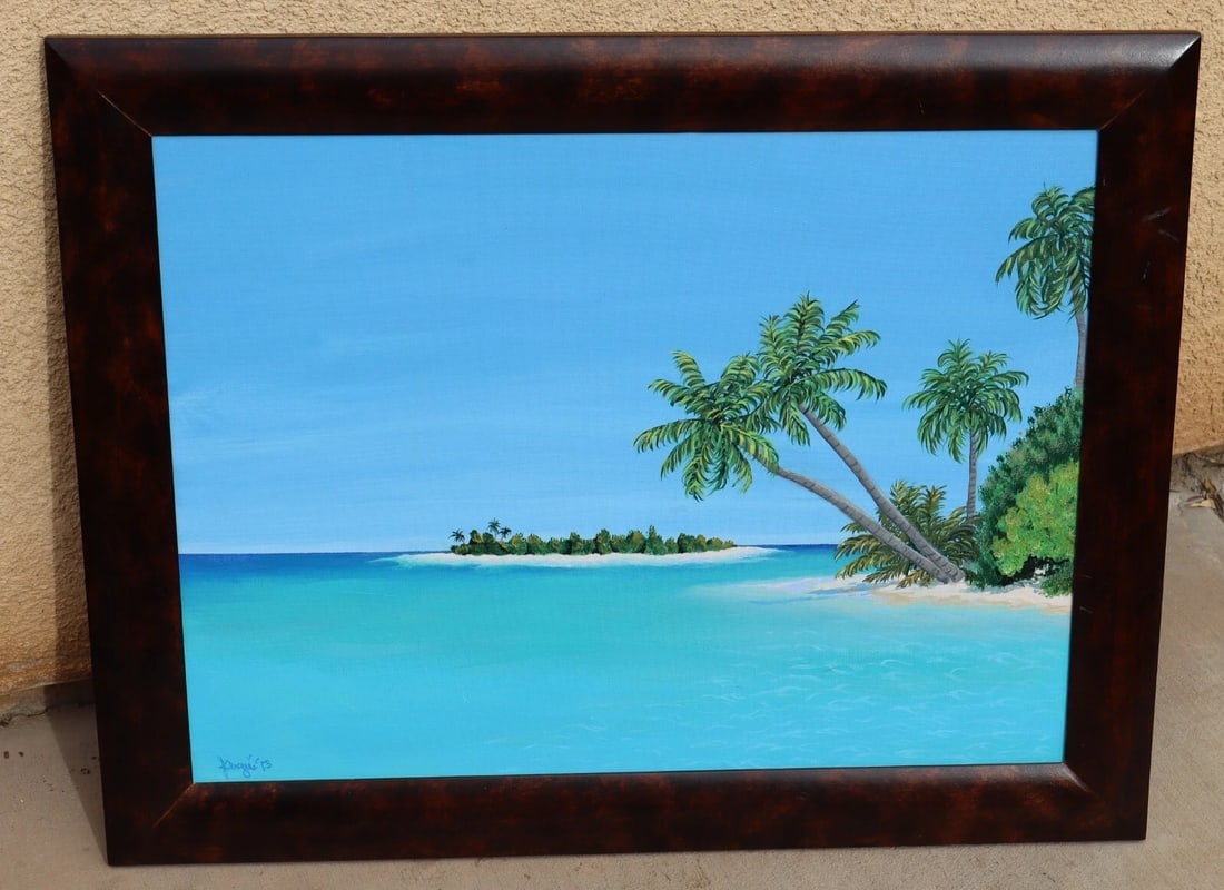 JANINE DUGUE California Artist Serene Tropical Island Palm Trees by Sea acrylic - 2