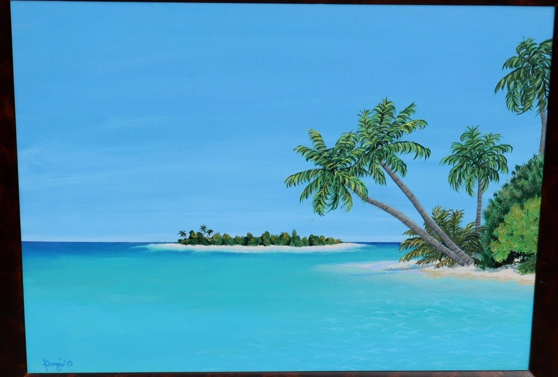 JANINE DUGUE California Artist Serene Tropical Island Palm Trees by Sea acrylic - 3