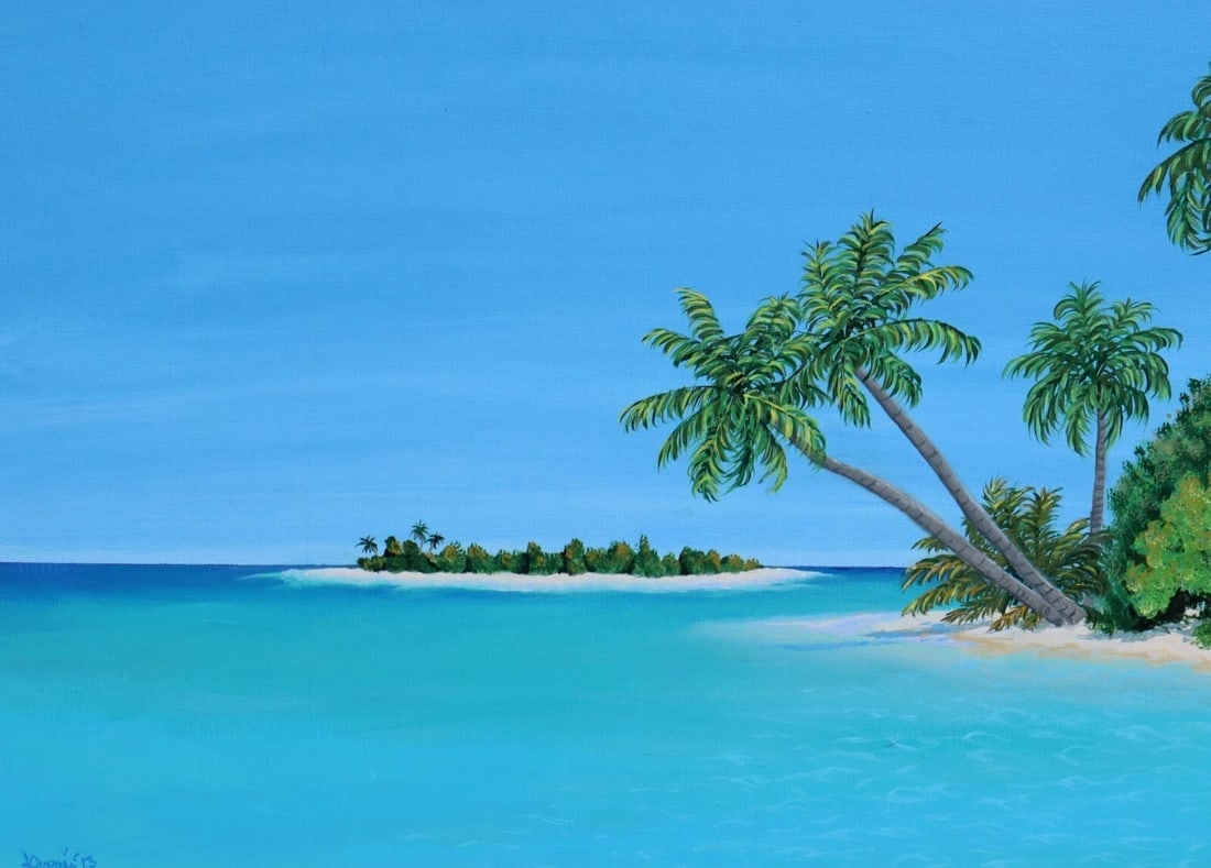 JANINE DUGUE California Artist Serene Tropical Island Palm Trees by Sea acrylic - 4