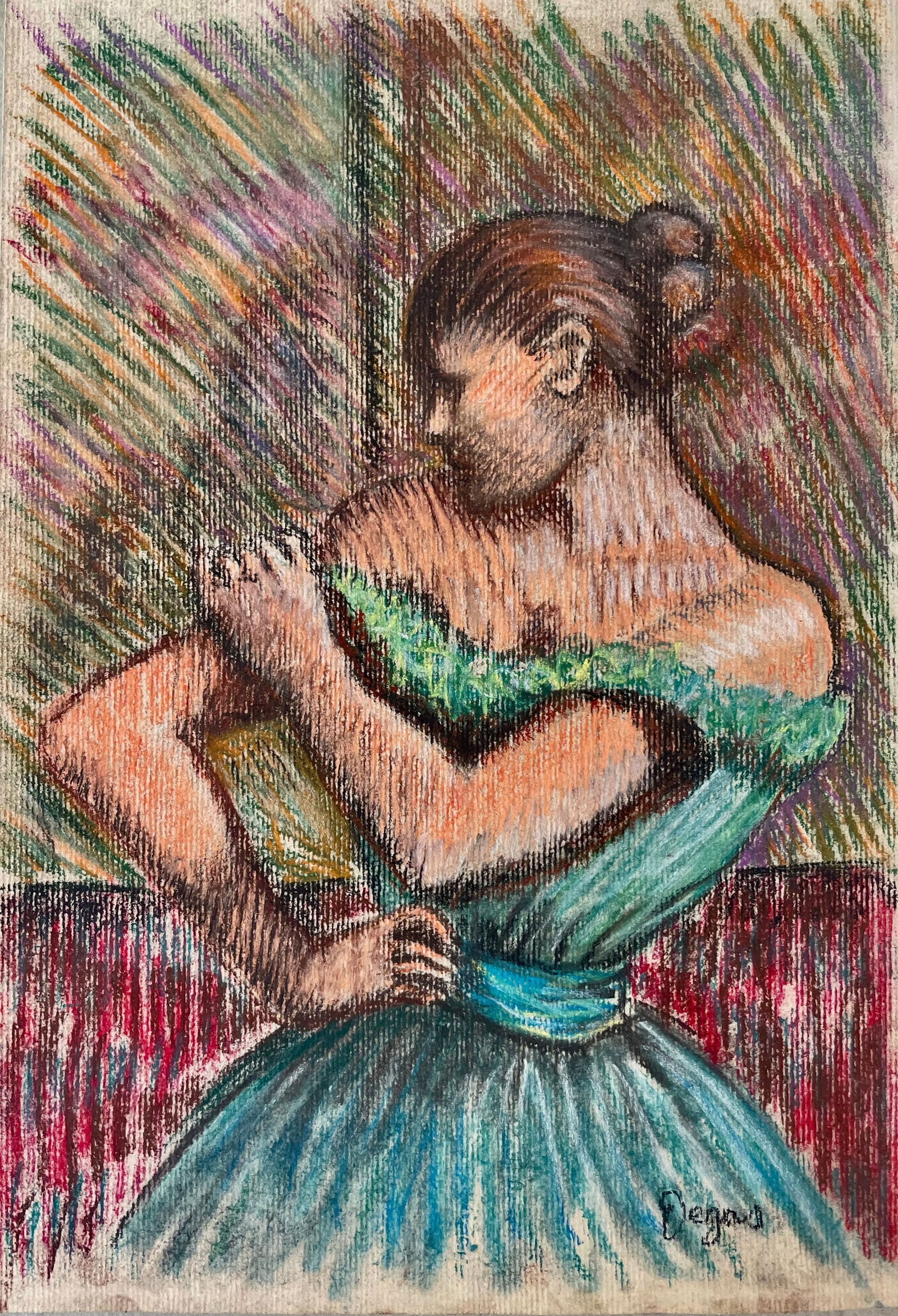 Degas (Public Domain): Title:Degas (Public Domain)Description:Portrait of a balarina arranging her tutu shoulder strap. Signed lower right. Typical study of balarina of Degas spontaneus sketches. No real docs. from Franch