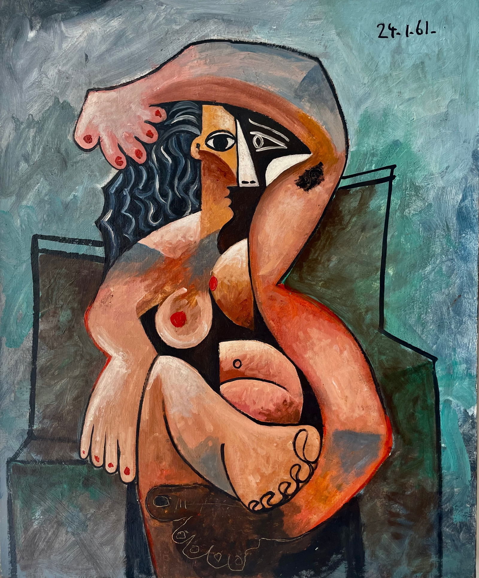 PICASSO Style, unsigned Oil on canvas.: Title:PICASSO Style, unsigned Oil on canvas.Description:Cubist portrait of a female nude in a chair, with an arm above her head. Beautifull composition, balanced and structuredand