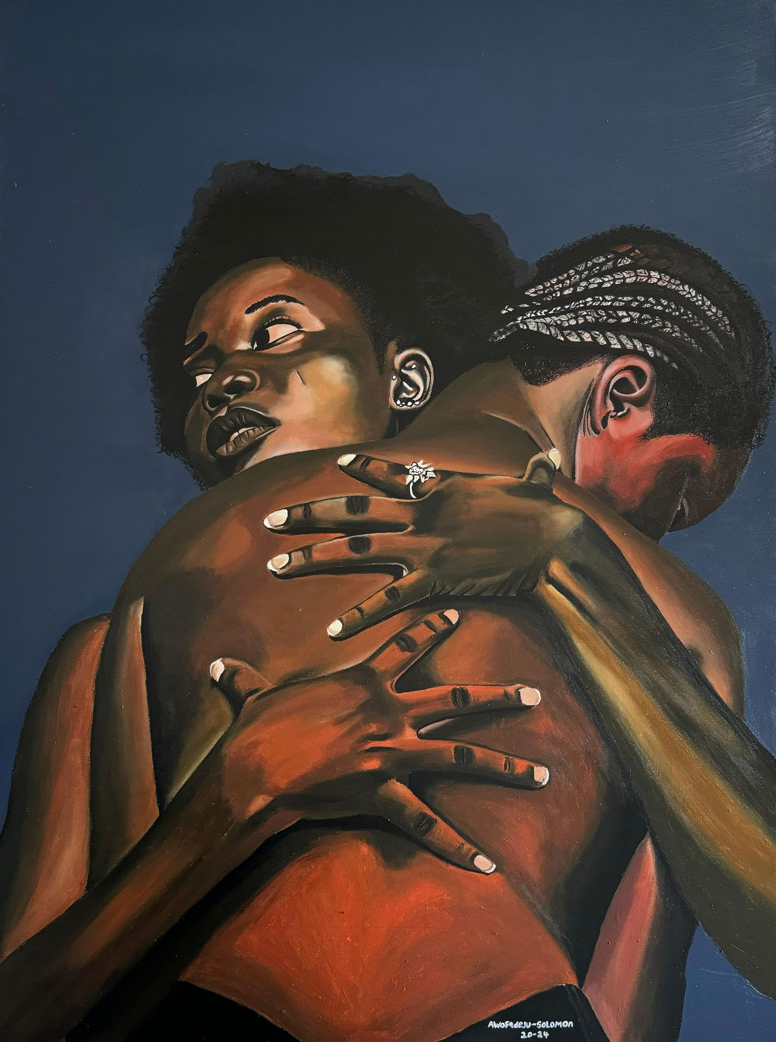 Awofadeju Solomon, Irreplaceable You - 21st Century, Contemporary, Figurative Portrait, Women, Love,: Creator: Awofadeju Solomon (1999, Nigerian) Creation Year: 2024 Dimensions: Height: 48 in (121.92 cm)Width: 36 in (91.44 cm)Depth: 1 in (2.54 cm) Medium: Canvas,Acrylic Movement & Style: 
