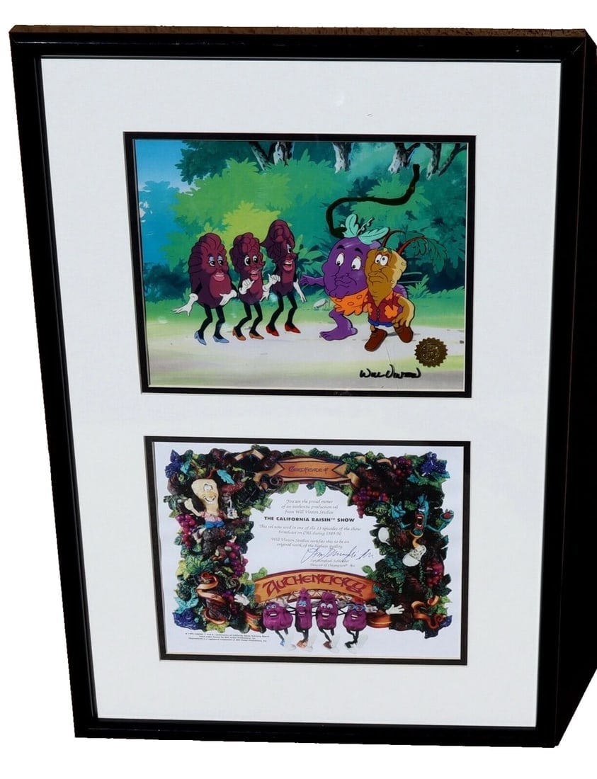 Will Vinton Signed Production Cel The California Raisin Show 1989-1990 with COA: Title:Will Vinton Signed Production Cel The California Raisin Show 1989-1990 with COADescription:WILL VINTON. Signed Production Cel featuring Five Raisins. The California Raisin Show 1989-1990. One