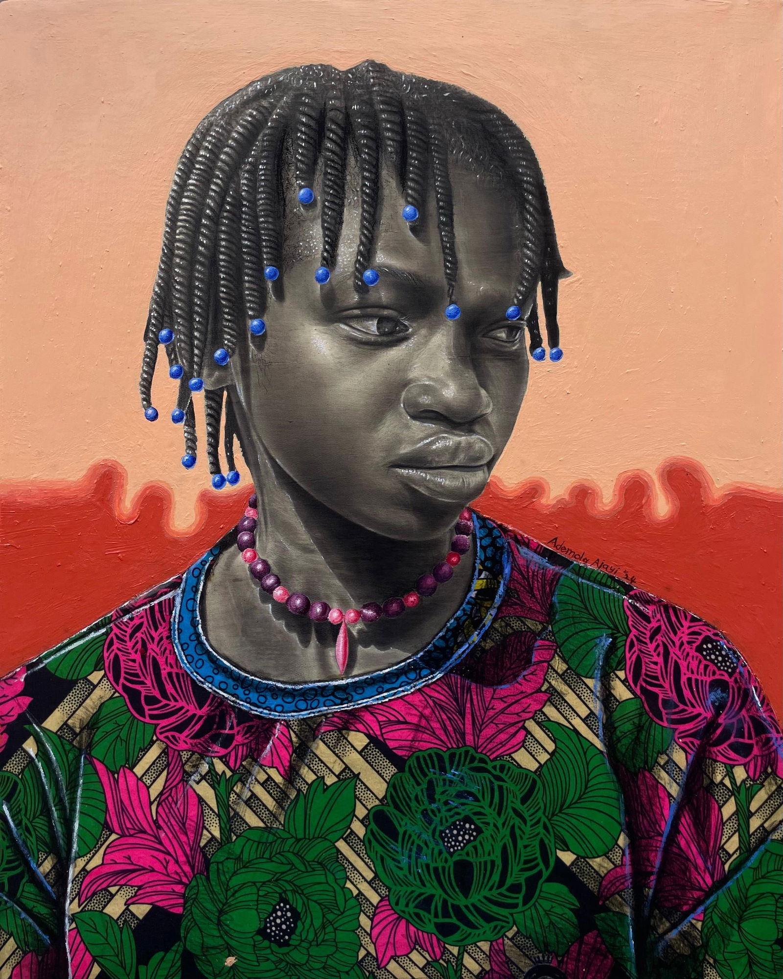 Ademola Clement Ajayi, Karma - 2st Century, Contemporary, Figurative Portrait, Africa Dress, Women: Creator: Ademola Clement Ajayi (Nigerian) Creation Year: 2024 Dimensions: Height: 30 in (76.2 cm)Width: 24 in (60.96 cm)Depth: 1 in (2.54 cm) Medium: Fabric,Canvas,Charcoal,Mixed