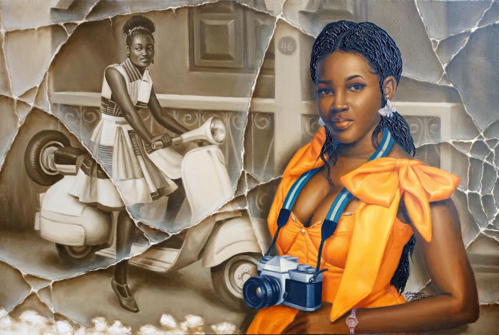 Oluwaseun Ojebiyi, The Trip -21st Century, Contemporary, Figurative Painting, Oil, Women, Vehicle,: Creator: Oluwaseun Ojebiyi (1996, Nigerian) Creation Year: 2024 Dimensions: Height: 24 in (60.96 cm)Width: 35 in (88.9 cm)Depth: 1 in (2.54 cm) Medium: Canvas,Oil Movement & Style: Expressionist