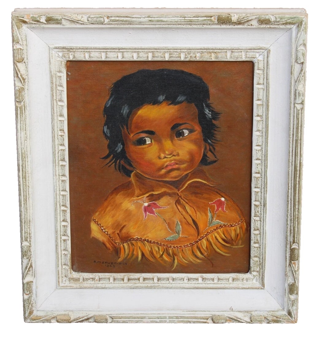 A.M. SAWBRIDGE Mid Century Portrait of an Indian Boy oil painting: Title:A.M. SAWBRIDGE Mid Century Portrait of an Indian Boy oil paintingDescription:A.M. Sawbridge. Mid Century Portrait of an Indian Boy, 10" x 12" oil on canvasboard (framed size: 16-1/2" x 14-/12")