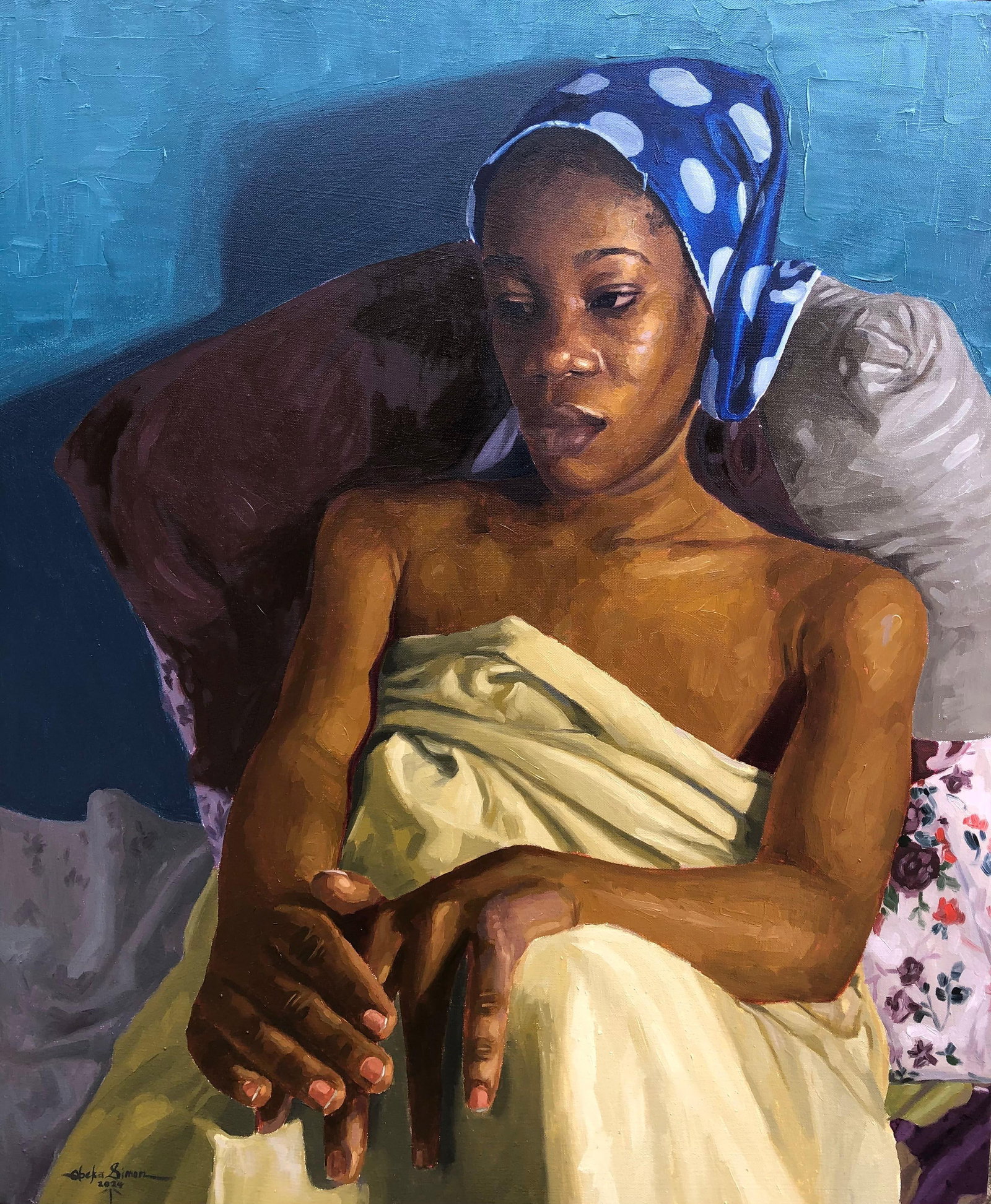 Simon Obeka, A Life Unraveled - 21st Century, Contemporary, Figurative Portrait, Women, Oil, 2024: Creator: Simon Obeka (1996, Nigerian) Creation Year: 2024 Dimensions: Height: 38 in (96.52 cm)Width: 32 in (81.28 cm)Depth: 1 in (2.54 cm) Medium: Canvas,Oil Movement & Style: Contemporary
