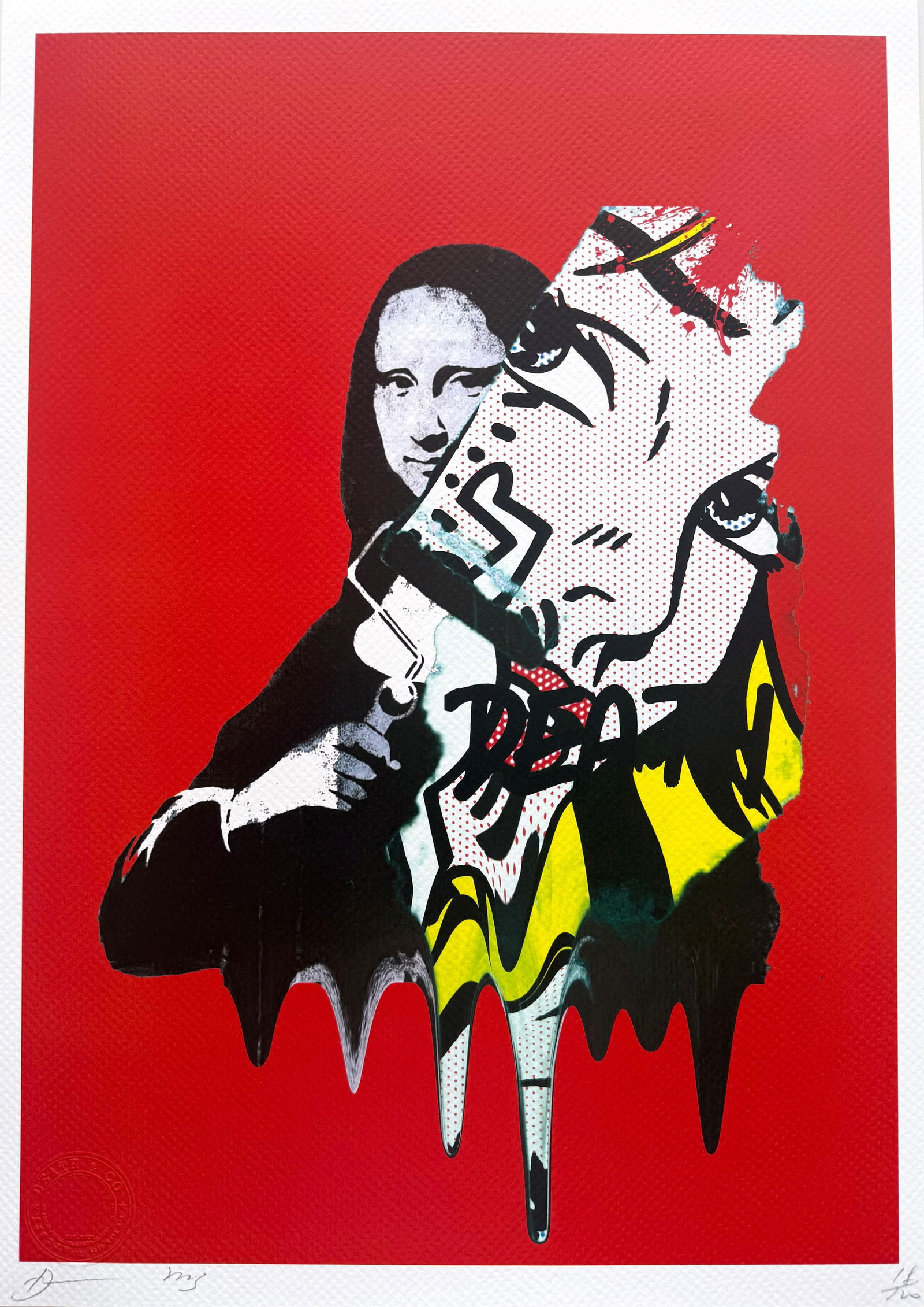 Death NYC Mona Lisa Lichtenstein: Title:Death NYC Mona Lisa LichtensteinDate/Period:21st CenturyMaterials:Giclee on Fine art 300 gsm paperSize:17 3/4 x 12 1/2 inchesDescription:Artist: Death NYC, limited edition giclee on paper, out