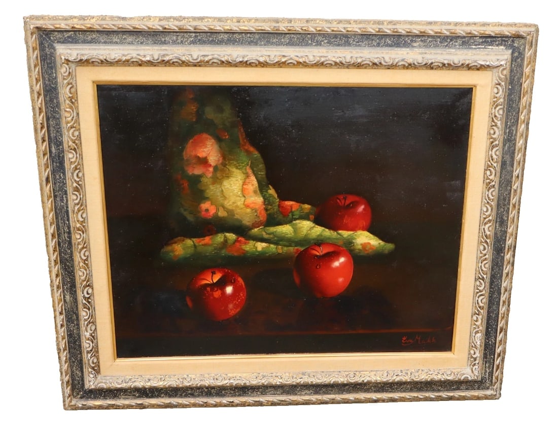 EVA MAKK Original oil painting Still Life with Apples and Textile: Title:EVA MAKK Original oil painting Still Life with Apples and TextileDescription:EVA MAKK (Hungarian 1933-2023). Still Life with Apples and Textile, 24" x 30"oil on canvas, (framed size: 34" x 40")