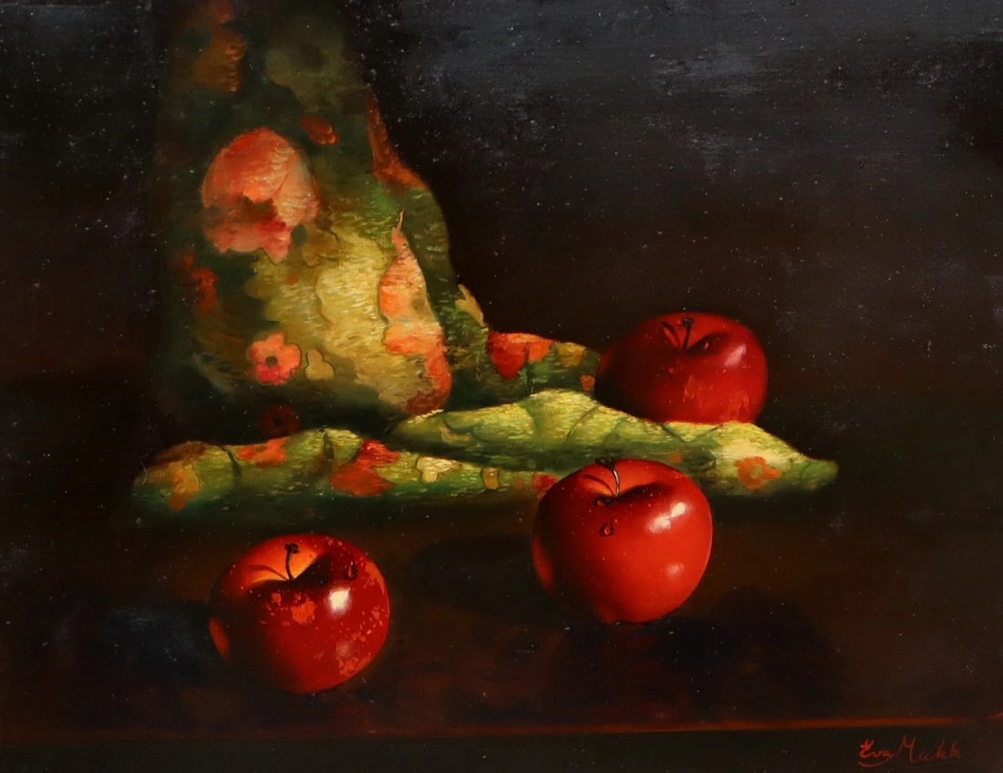 EVA MAKK Original oil painting Still Life with Apples and Textile - 3
