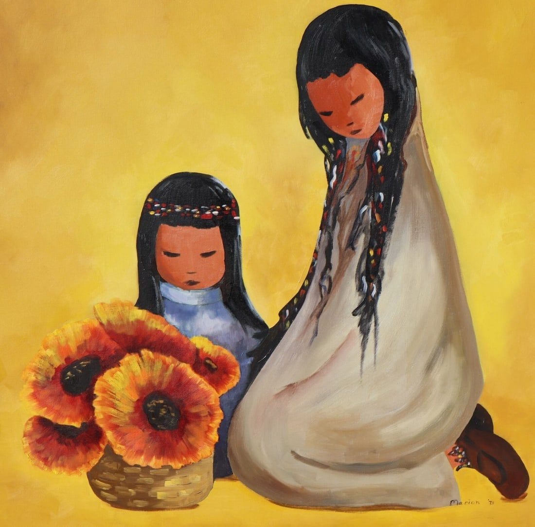 Manner of Ted DeGrazia Two Indian Girls w Vase of Flowers oil signed Marion '73 - 2