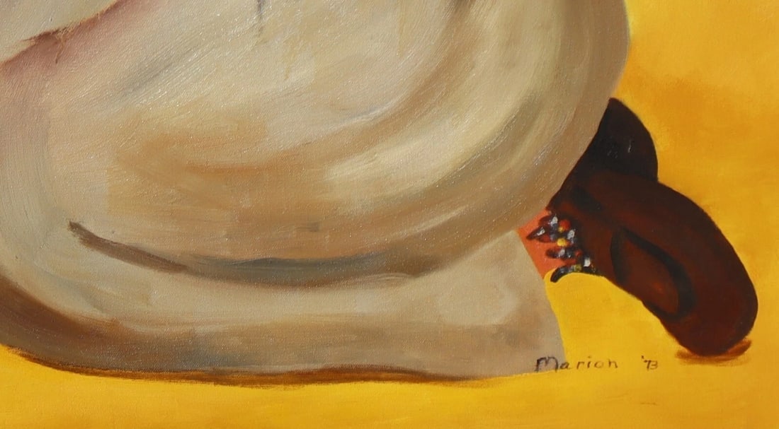 Manner of Ted DeGrazia Two Indian Girls w Vase of Flowers oil signed Marion '73 - 3