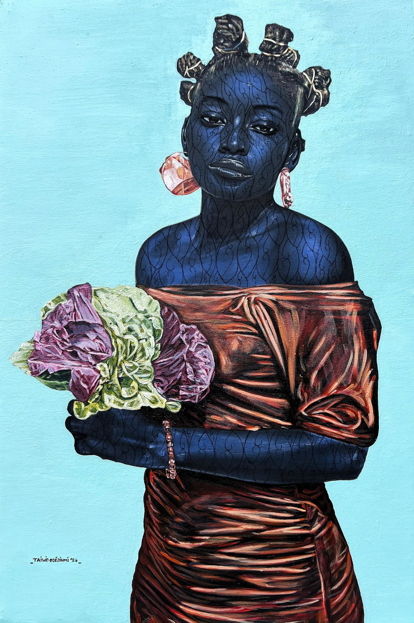 Taiwo Odejinmi, Love and Flowers -21st Century, Contemporary, Figurative Portrait, Africa, Women,: Creator: Taiwo Odejinmi (Nigerian) Creation Year: 2024 Dimensions: Height: 36 in (91.44 cm)Width: 24 in (60.96 cm)Depth: 1 in (2.54 cm) Medium: Canvas,Charcoal,Mixed Media,Acrylic Movement &