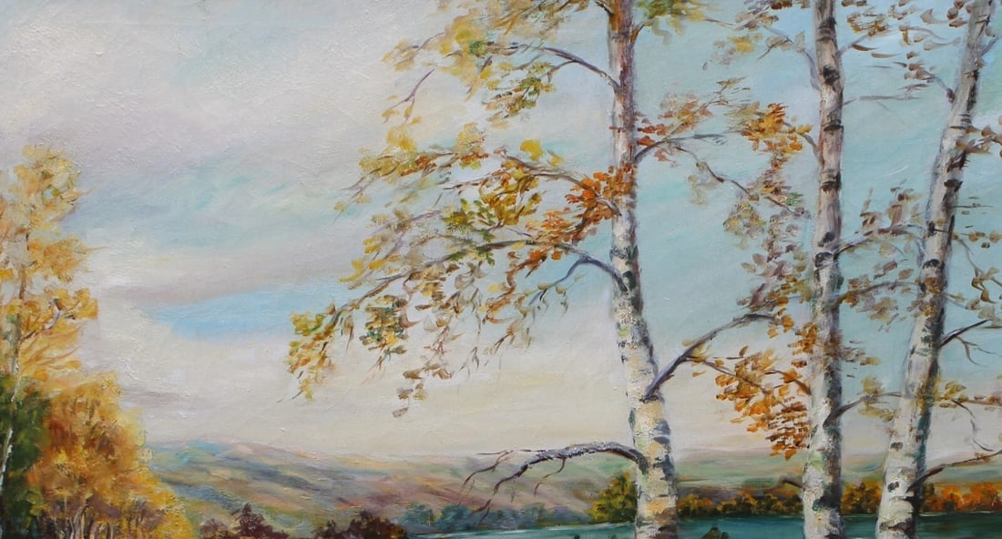 D. GABLE Ohio Artist Mid Century Landscape with Birch Trees & Winding River oil - 4