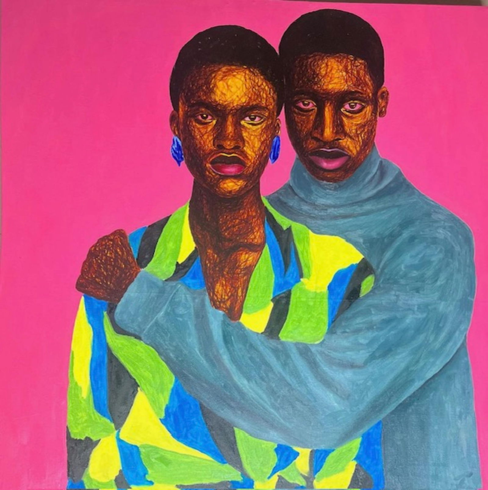 Daniel Owoeye, True Friend 1 - 21st Century, Contemporary, Figurative Portrait, Women Love Men, 2024: Creator: Daniel Owoeye (1988, Nigerian) Creation Year: 2024 Dimensions: Height: 36 in (91.44 cm)Width: 36 in (91.44 cm)Depth: 1 in (2.54 cm) Medium: Canvas,Acrylic Movement & Style: 