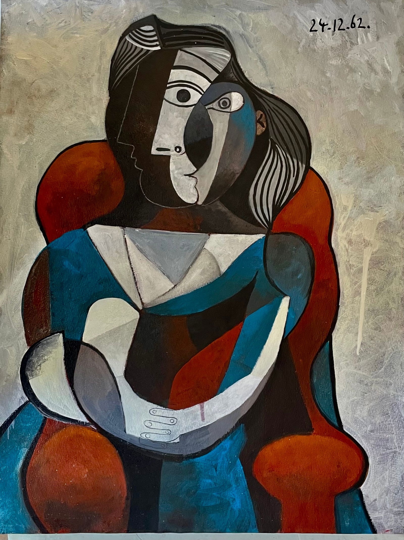PICASSO Style, unsigned: Title:PICASSO Style, unsigned Description:Cubist portrait of a lady in blue sitting in a brown chair. Beautifull colour scheme Brown and blue, and drawing lines. From a private French Collection. no d