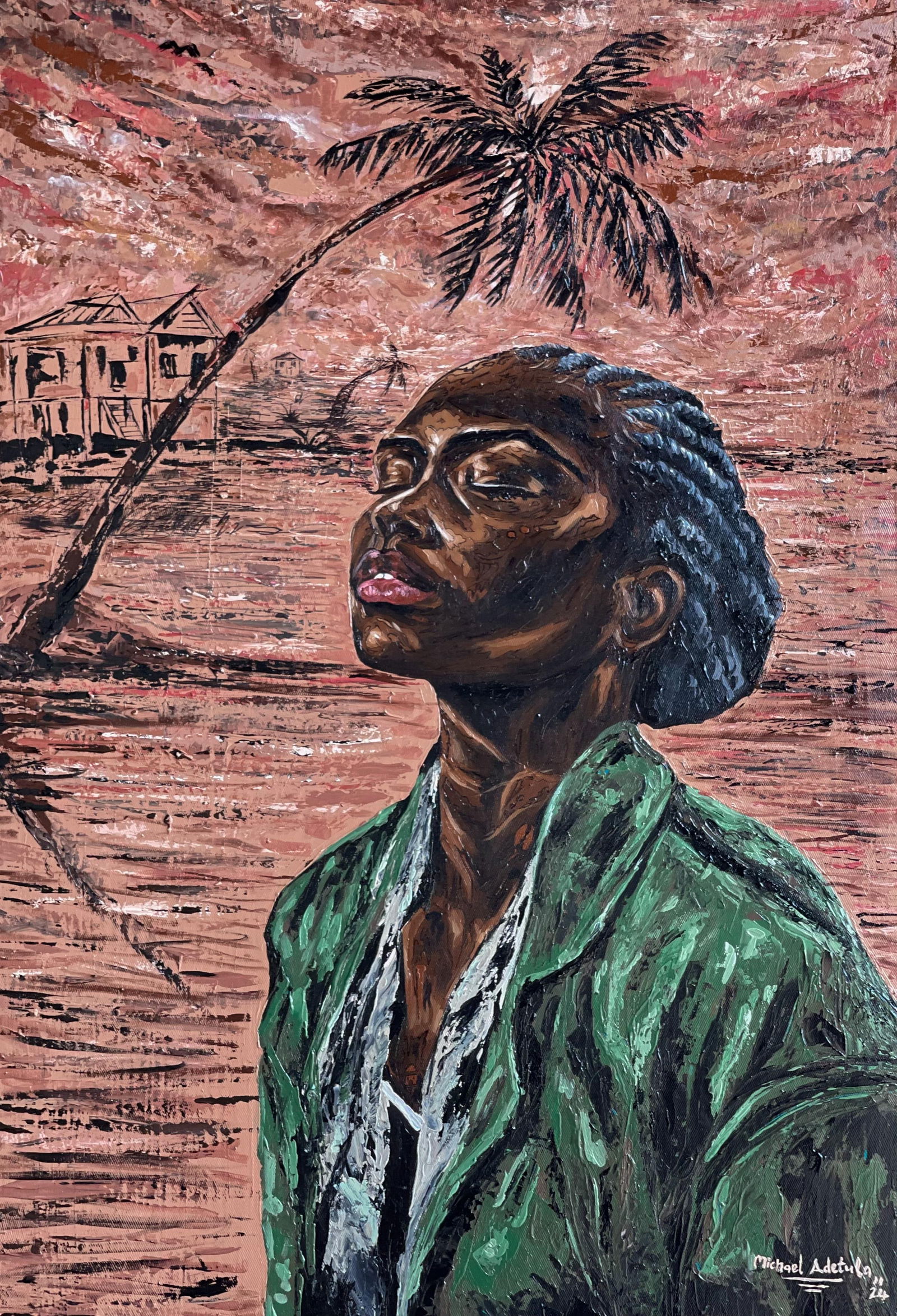 Michael Adetula, Hope From Above -21st Century Contemporary, Figurative Portrait, Woman, Modern,: Creator: Michael Adetula (1998, Nigerian) Creation Year: 2024 Dimensions: Height: 36 in (91.44 cm)Width: 24 in (60.96 cm)Depth: 1 in (2.54 cm) Medium: Canvas,Charcoal,Mixed Media,Acrylic Movement