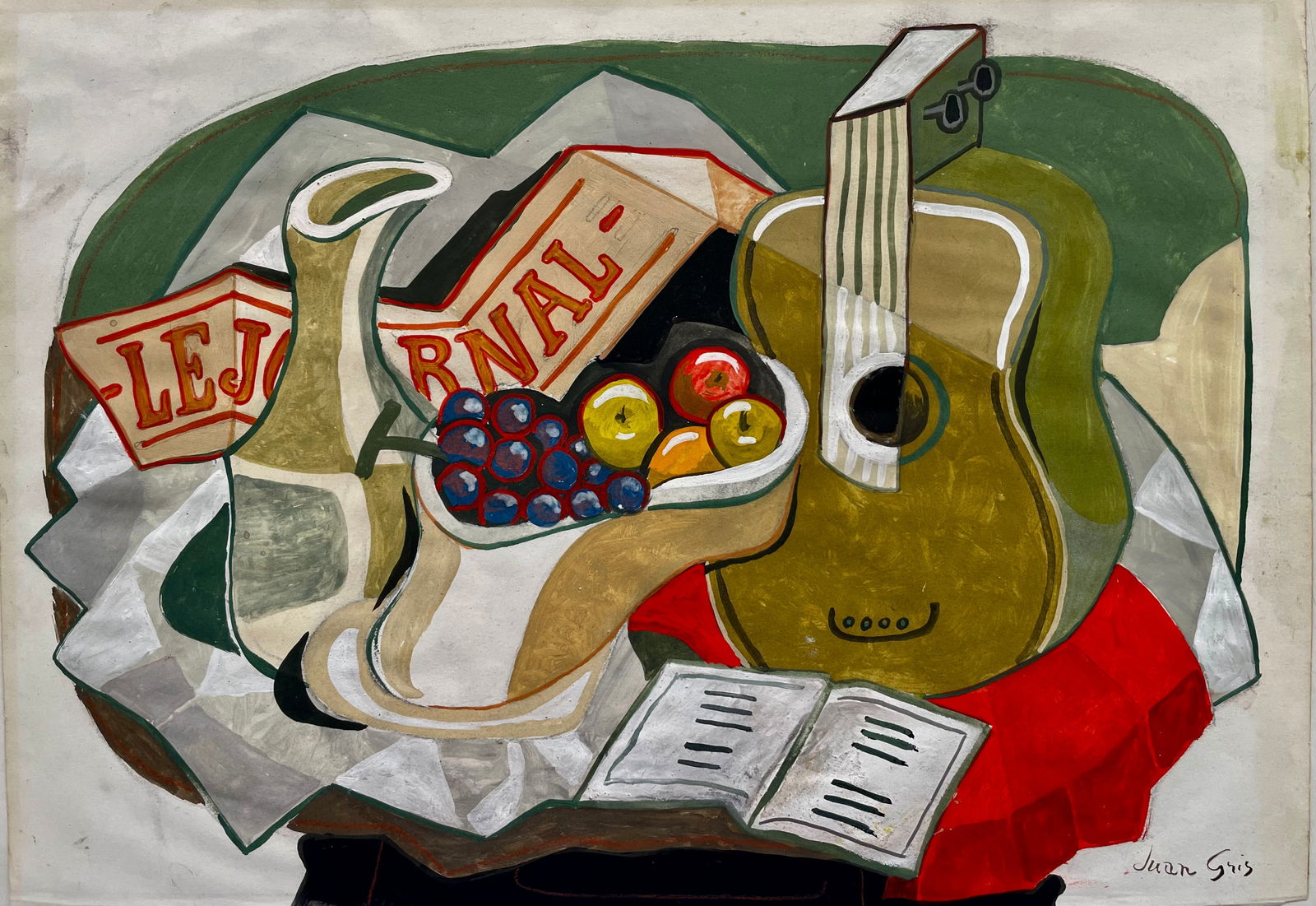 JUAN GRIS (Public Domain): Title:JUAN GRIS (Public Domain)Description:Still life composition with Guitar, book, fruits and Journal. Igned Juan Gris. (bottom right). Typical motives and style of the 20'. No docs, will sell as