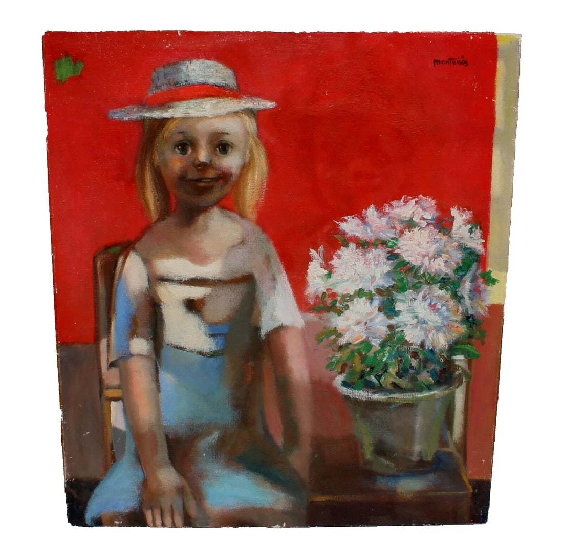 JOSE MONTANES Girl in a Hat Seated by a Vase of Flowers MCM oil painting: Title:JOSE MONTANES Girl in a Hat Seated by a Vase of Flowers MCM oil paintingDescription:JOSE MONTANES (Spanish 1918-1998). Mid Century Modern Girl in a Hat Seated by a Vase with Flowers, 25-1/4" x
