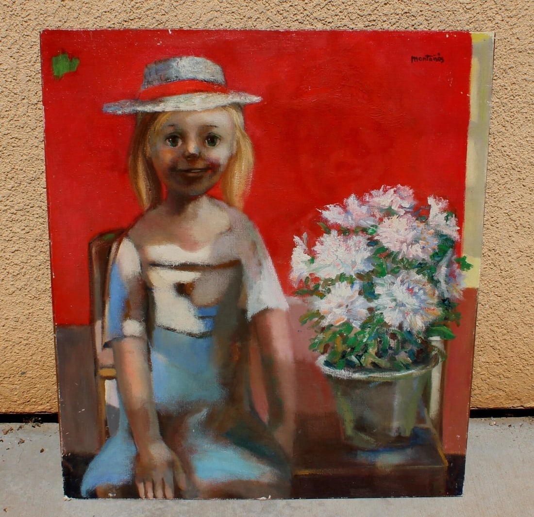 JOSE MONTANES Girl in a Hat Seated by a Vase of Flowers MCM oil painting - 2