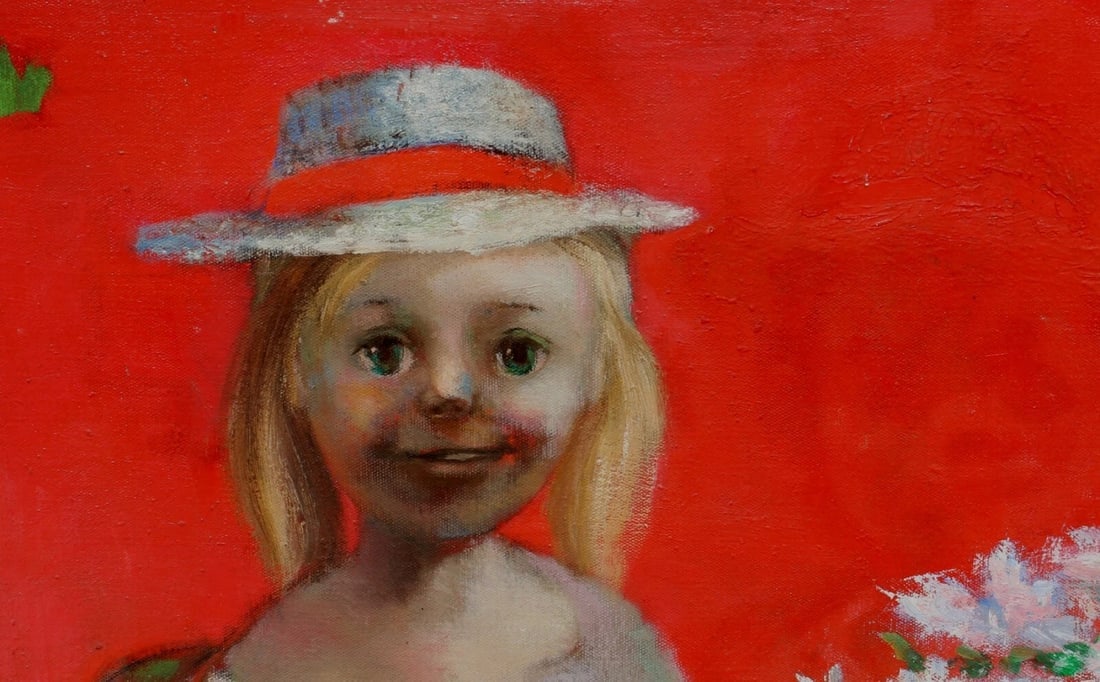 JOSE MONTANES Girl in a Hat Seated by a Vase of Flowers MCM oil painting - 3