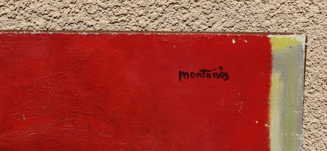 JOSE MONTANES Girl in a Hat Seated by a Vase of Flowers MCM oil painting - 4