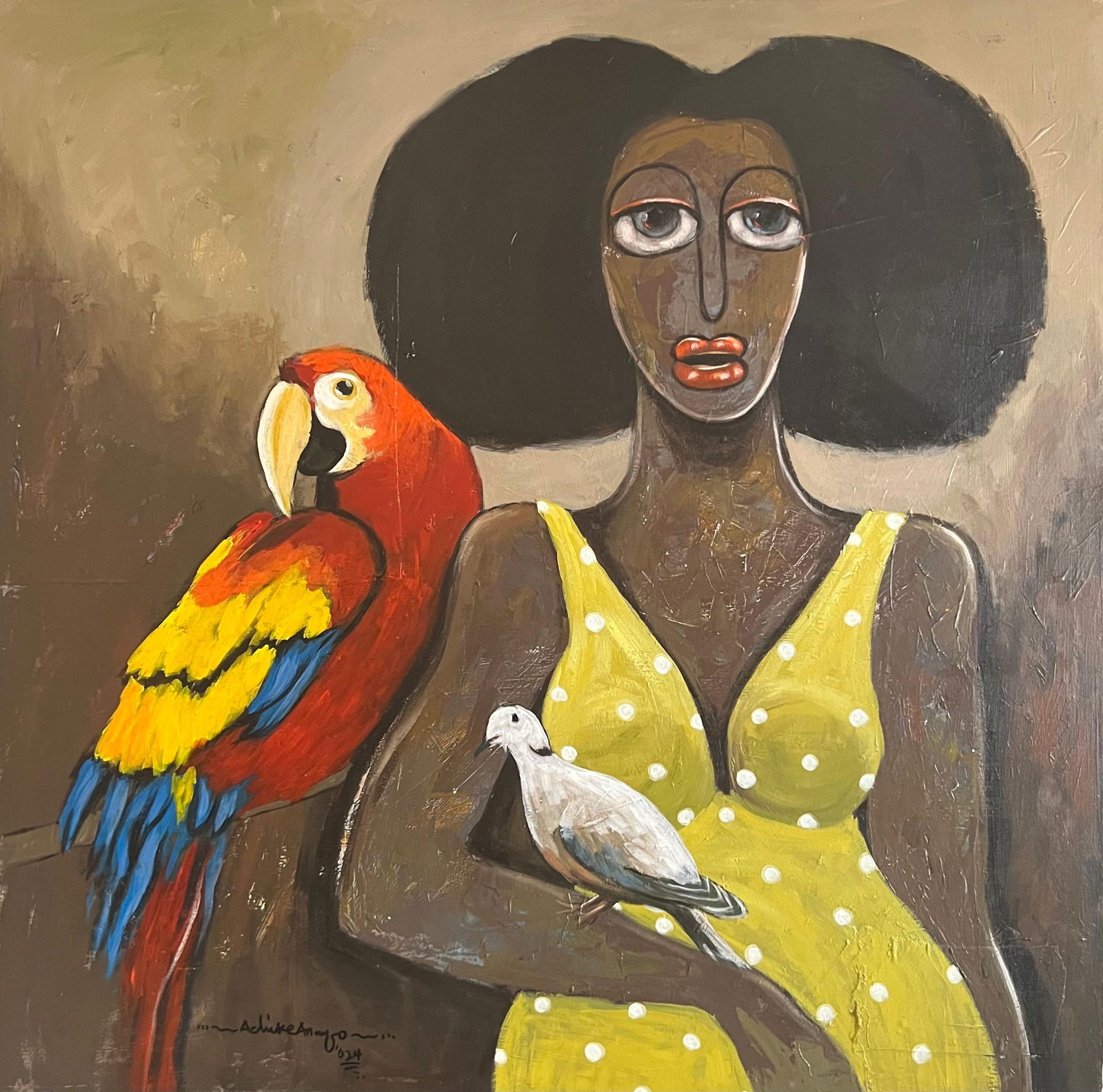 Achike Miracle Anayo, Companionship -21st Century, Contemporary, Figurative, Women, Birds, Interior,: Creator: Achike Miracle Anayo (1986, Nigerian) Creation Year: 2024 Dimensions: Height: 36 in (91.44 cm)Width: 36 in (91.44 cm)Depth: 1 in (2.54 cm) Medium: Canvas,Acrylic Movement & Style: 