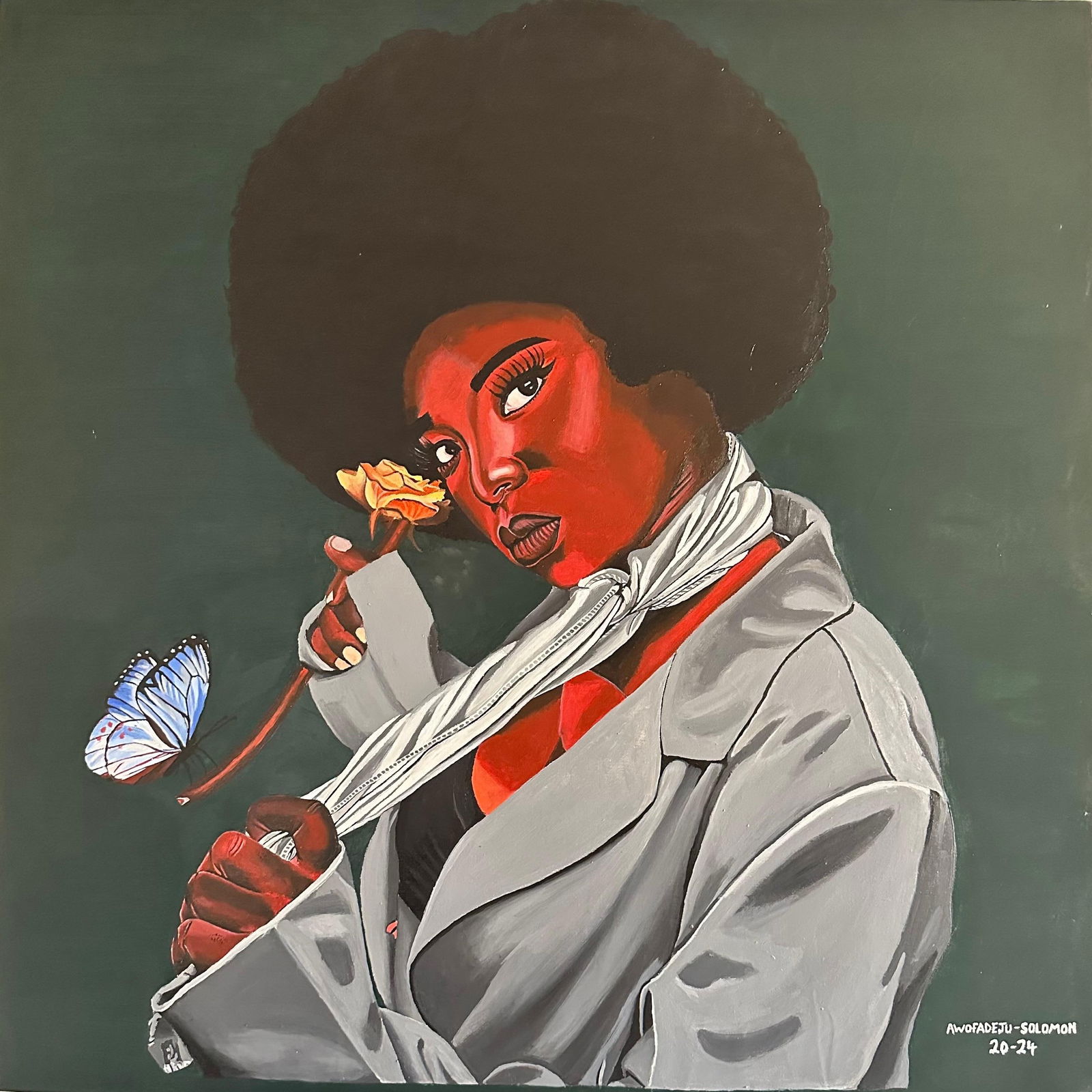 Awofadeju Solomon, Her Shattered Heart - 21st Century, Contemporary, Figurative Portrait, Floral,: Creator: Awofadeju Solomon (1999, Nigerian) Creation Year: 2024 Dimensions: Height: 36 in (91.44 cm)Width: 36 in (91.44 cm)Depth: 1 in (2.54 cm) Medium: Canvas,Acrylic Movement & Style: 