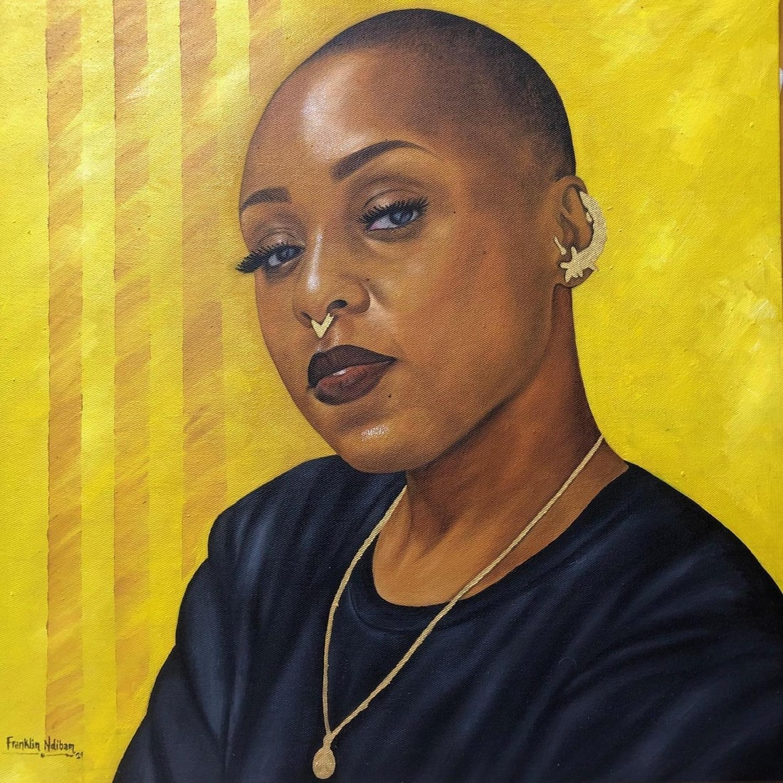 Franklin Ndibam, I Am Not My Hair 1 - 21st Century, Contemporary, Figurative Portrait, Women, 2024: Creator: Franklin Ndibam (1990, Nigerian) Creation Year: 2024 Dimensions: Height: 24 in (60.96 cm)Width: 20 in (50.8 cm)Depth: 1 in (2.54 cm) Medium: Oil,Canvas Movement & Style: Contemporary