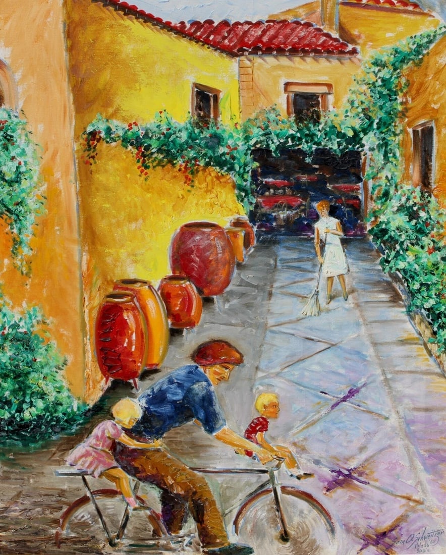 SAM O. SCHWEITZER Mid Century original oil painting Woman Sweeping Spanish Villa: Title:SAM O. SCHWEITZER Mid Century original oil painting Woman Sweeping Spanish VillaDescription:SAM O. SCHWEITZER (1903-1996). Mid Century original oil painting by famous calligrapher to Queen