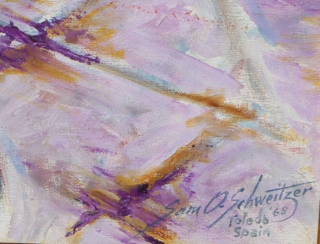 SAM O. SCHWEITZER Mid Century original oil painting Woman Sweeping Spanish Villa - 3