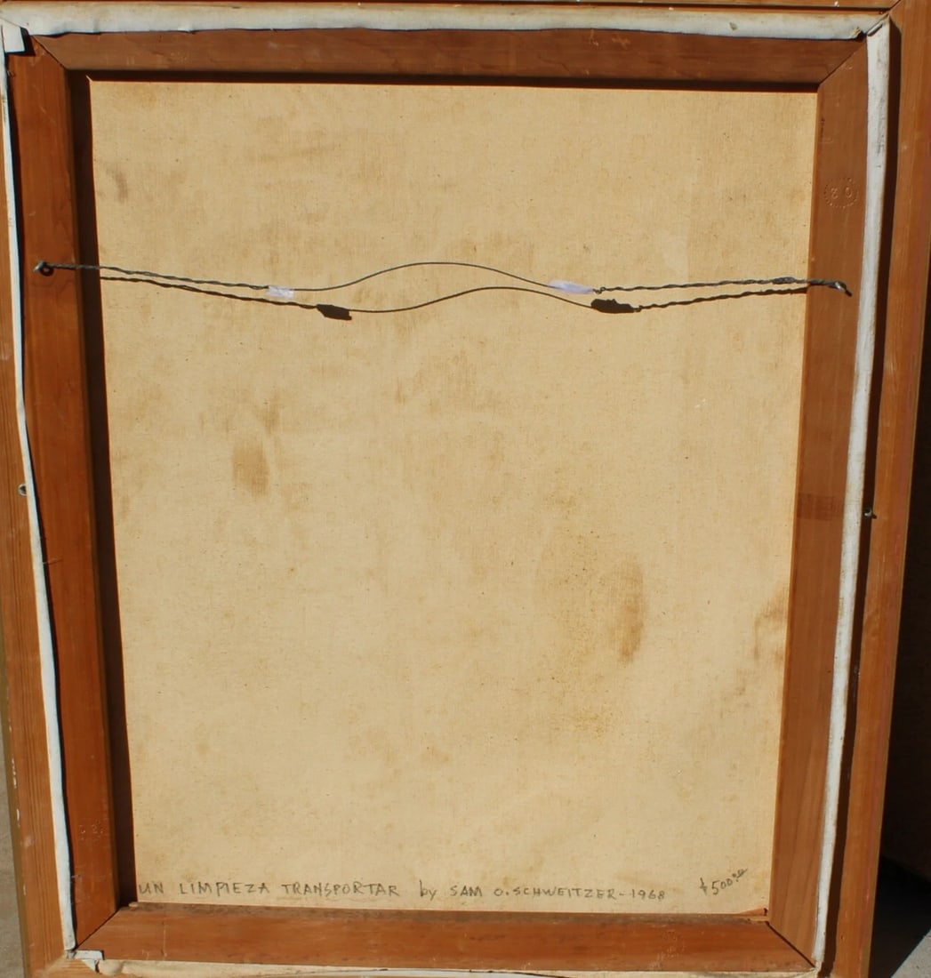 SAM O. SCHWEITZER Mid Century original oil painting Woman Sweeping Spanish Villa - 4