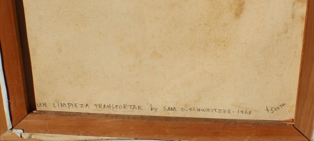 SAM O. SCHWEITZER Mid Century original oil painting Woman Sweeping Spanish Villa - 5