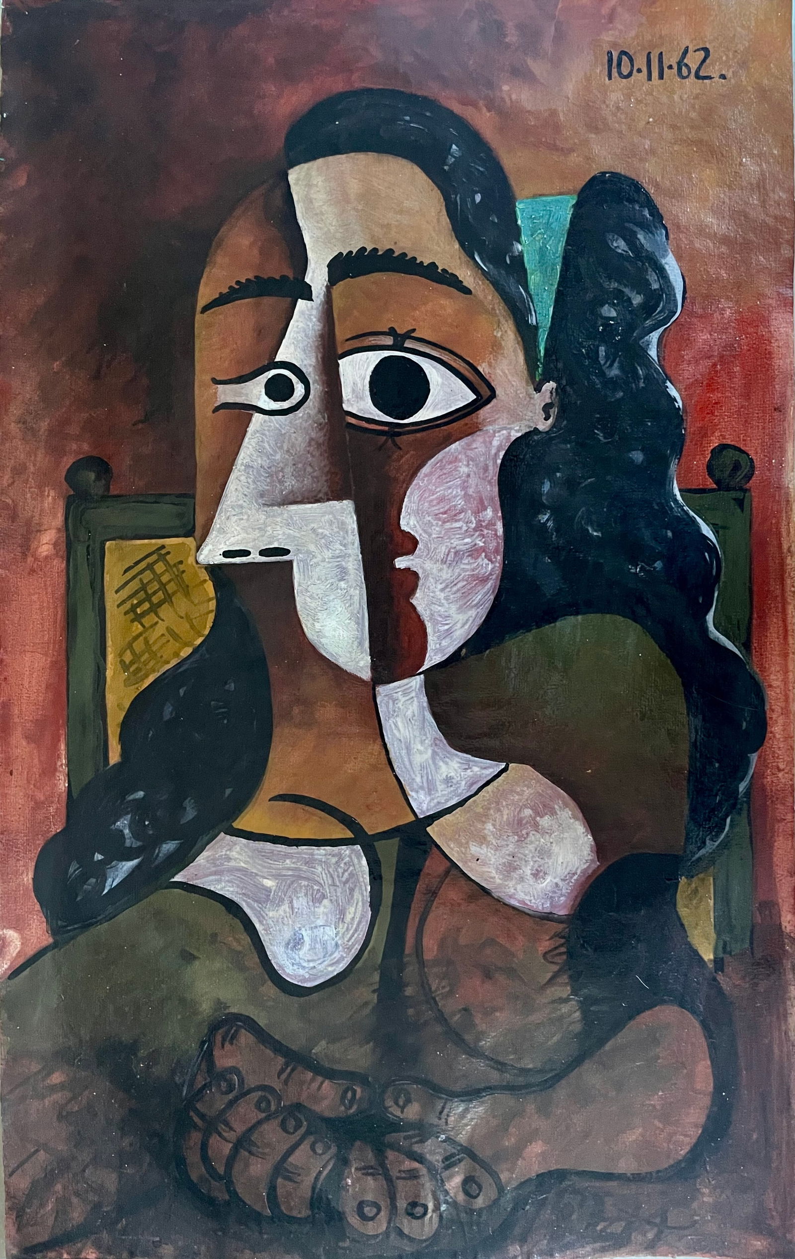 PICASSO Style nunsigned: Title:PICASSO Style nunsigned Description:Cubist portrait of a woman with crossed fingers in dominant brown colours. From a private French collection. No docs, hence the low reserve. Will sell as is "