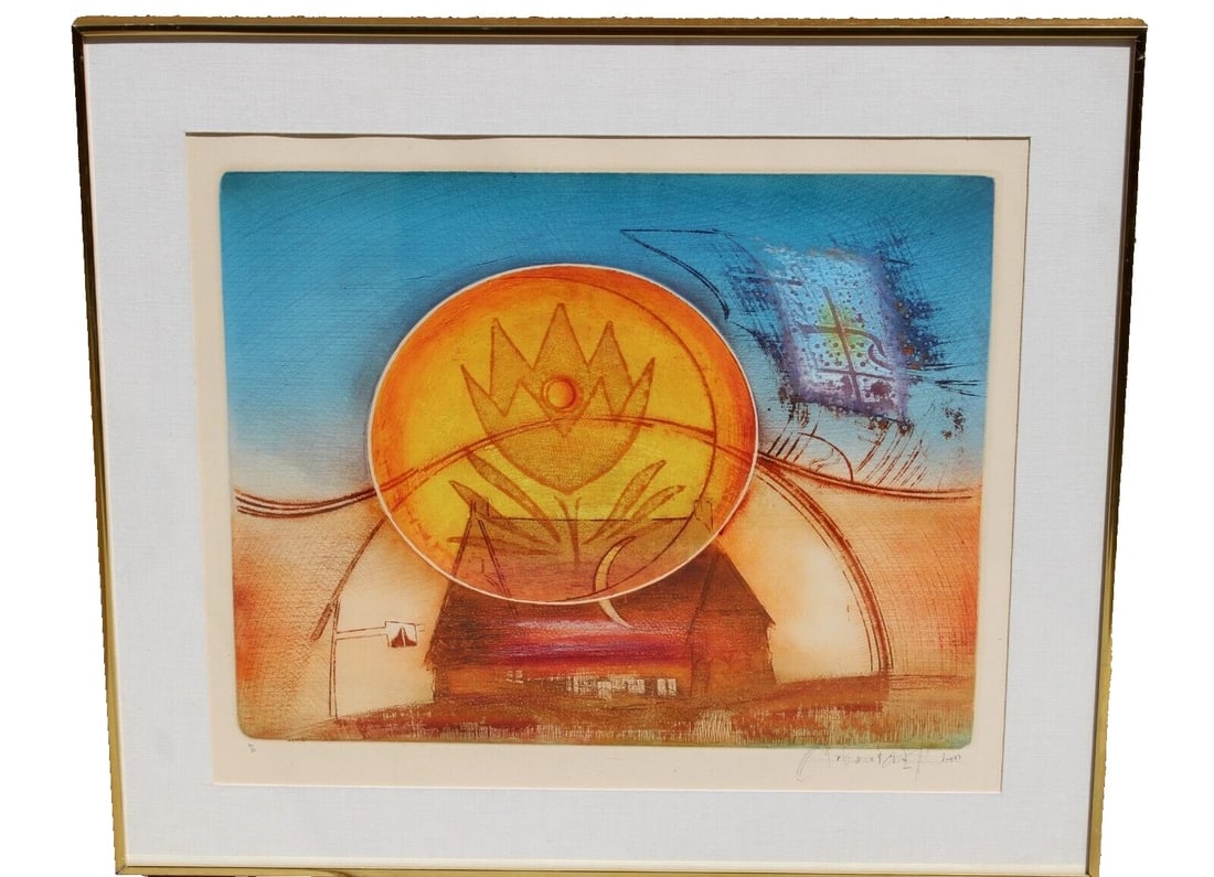 JEAN-LOUIS ARBARETAZ Mystical Flower Above a House S/N Etching Edition of 50: Title:JEAN-LOUIS ARBARETAZ Mystical Flower Above a House S/N Etching Edition of 50Description:JEAN-LOUIS Arbaretaz (French 1942-1995). Modernist Mystical Flower Above a House, 18-1/2" x 22-3/4" sight