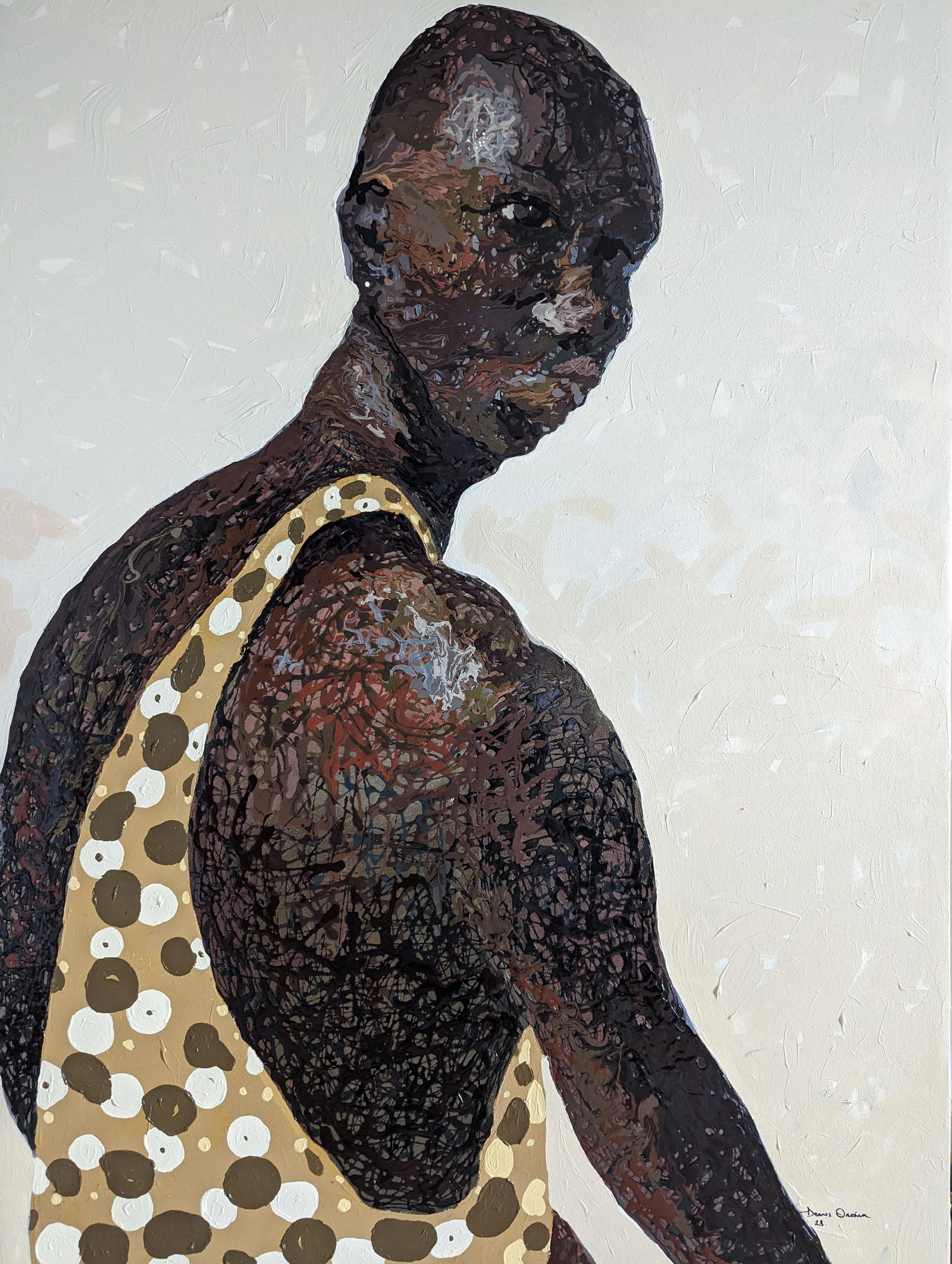 Dennis Onofua, Living for the Now 1 - 21st Century, Contemporary, Figurative, Neo-Expressionism,: Creator: Dennis Onofua (1993, Nigerian) Creation Year: 2023 Dimensions: Height: 48 in (121.92 cm)Width: 36 in (91.44 cm)Depth: 1 in (2.54 cm) Medium: Enamel,Canvas,Acrylic Movement & Style: 