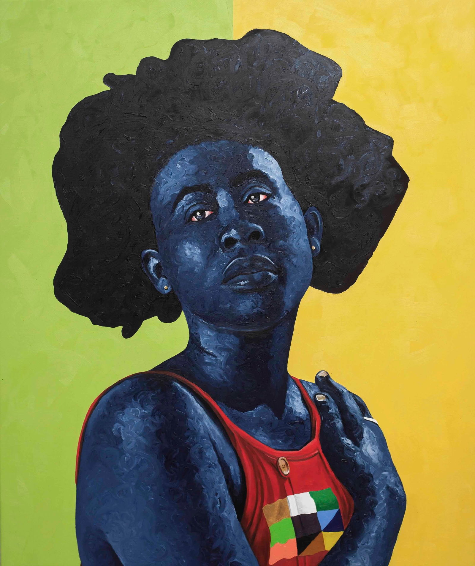 Lawrence Amoo, Strong Beauty -21st Century, Contemporary, Figurative, Africa Women Hair, Modern,: Creator: Lawrence Amoo (1996, Ghanian) Creation Year: 2023 Dimensions: Height: 47.2 in (119.89 cm)Width: 39.4 in (100.08 cm)Depth: 1 in (2.54 cm) Medium: Cotton,Oil Movement & Style: Surrealist