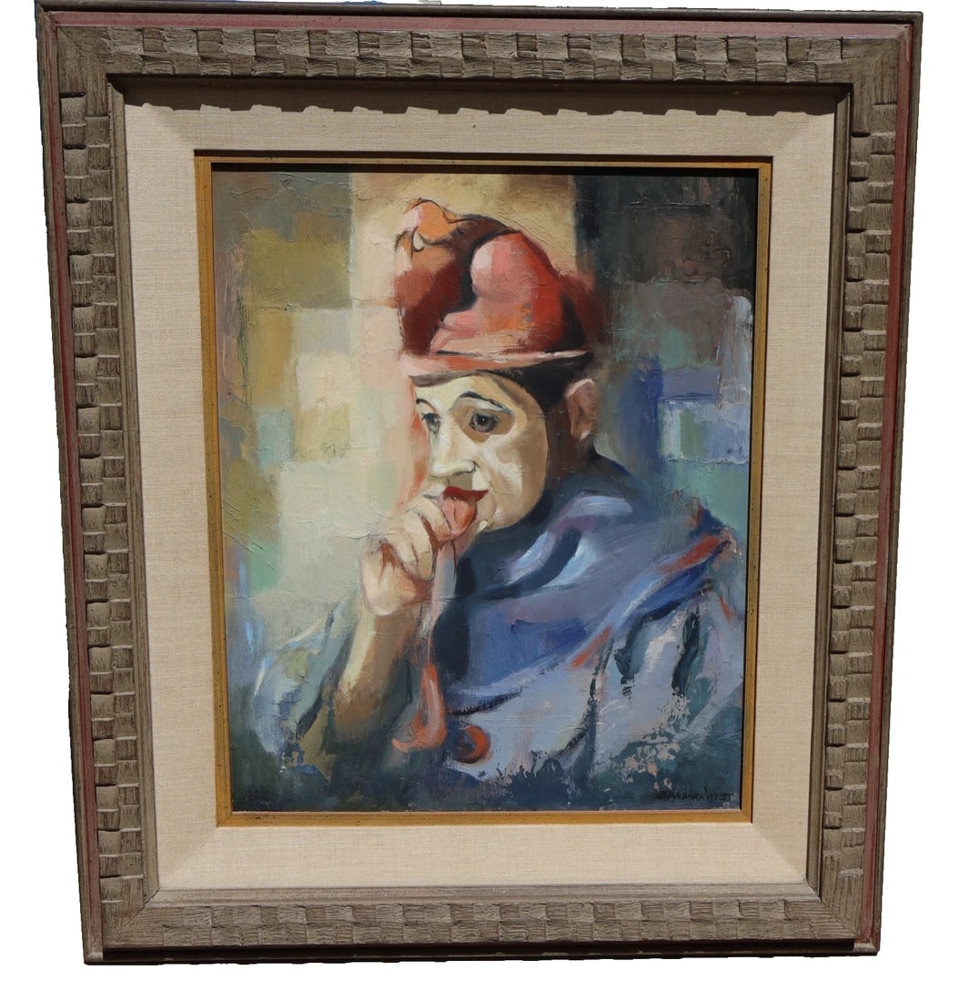 BARBARA WEST California Mid Century Exhibited Pensive Clown Original oil: Title:BARBARA WEST California Mid Century Exhibited Pensive Clown Original oil Description:BARBARA WEST. California Artist. Mid Century oil painting of a Pensive Clown, Circa 1958, 20" x 16" oil on bo